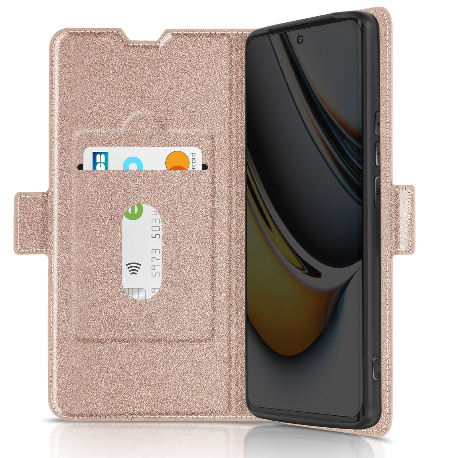Telefonhülle mit Kartenfächern und einem Telefon darin. Die Hülle ist roségoldfarben.