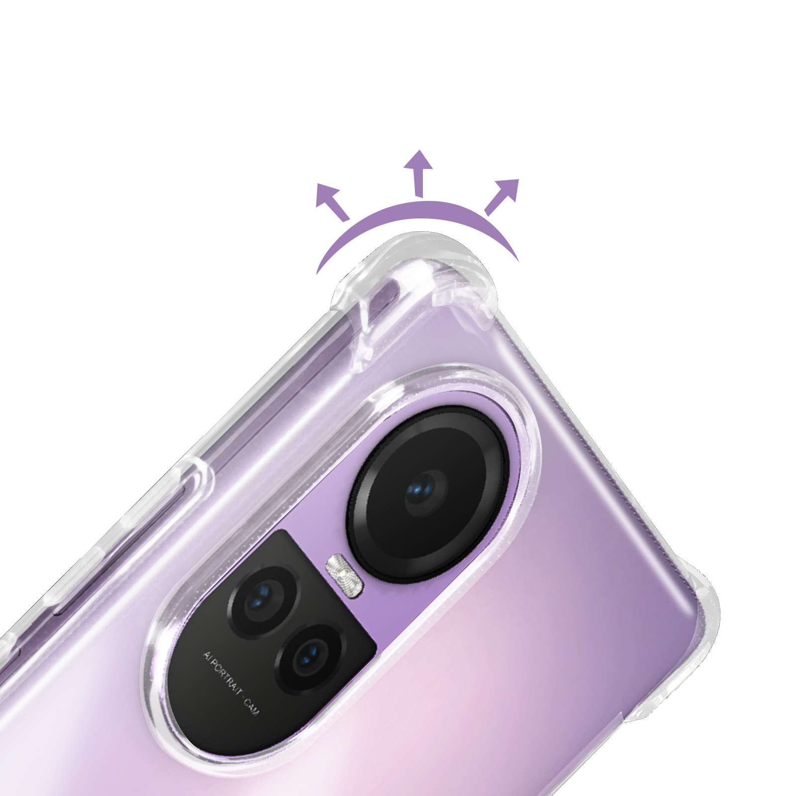Un telefono con una custodia trasparente. La fotocamera è visibile. Le frecce mostrano la protezione degli angoli.
