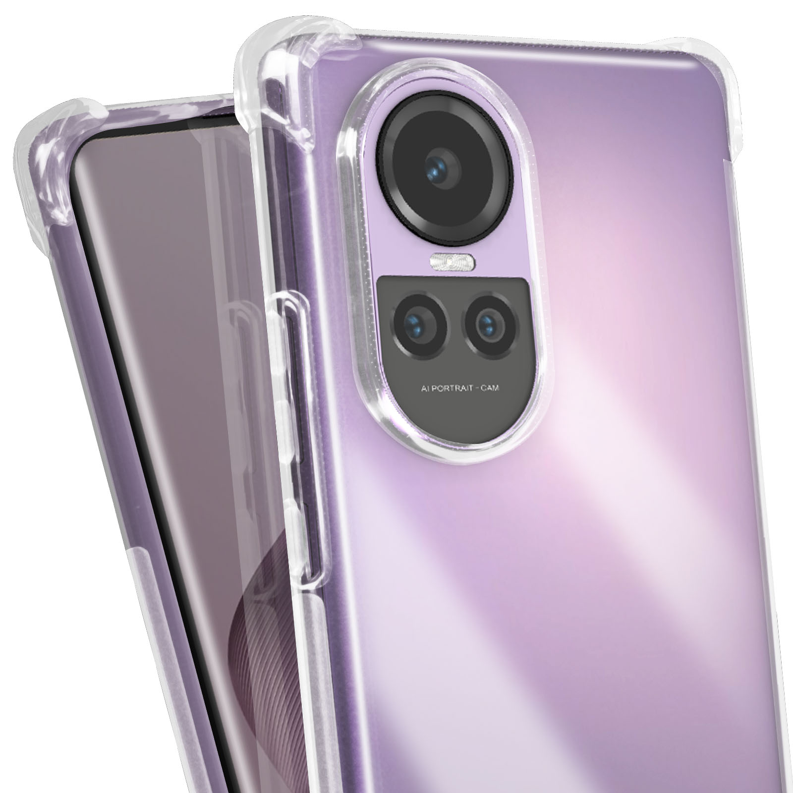 Primo piano di una custodia trasparente per telefono con un telefono viola all'interno. La custodia ha bordi protettivi.