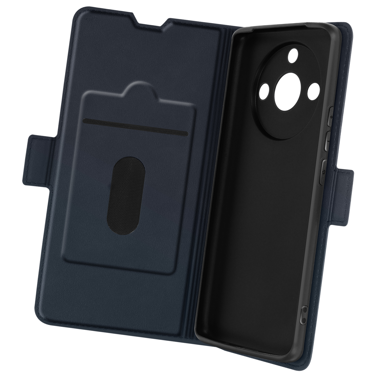 Eine blaue, offene Handyhülle mit Kartenfächern und einem schwarzen Telefon darin.