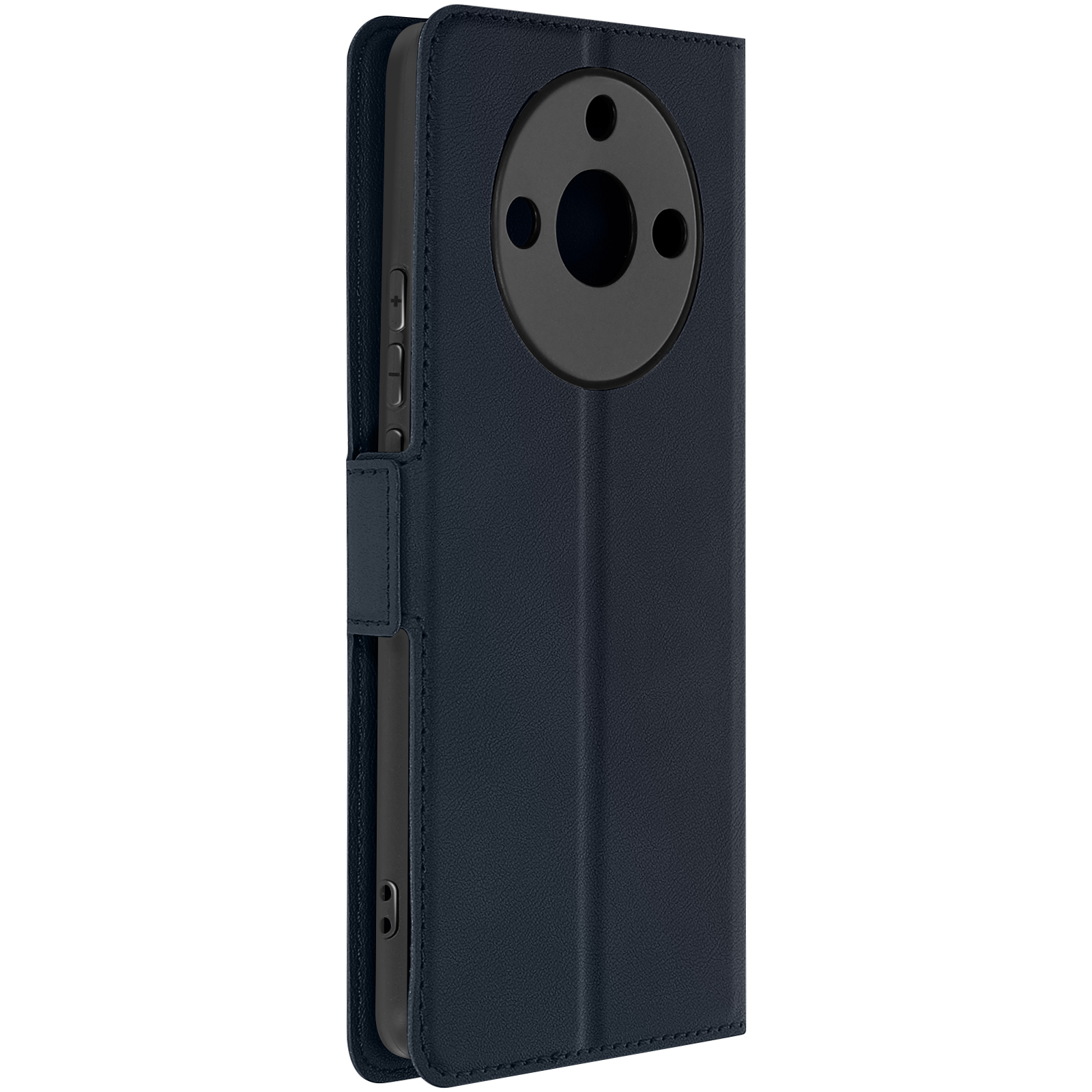 Dunkelblaue Handyhülle, offen, mit Telefon und Kamera.