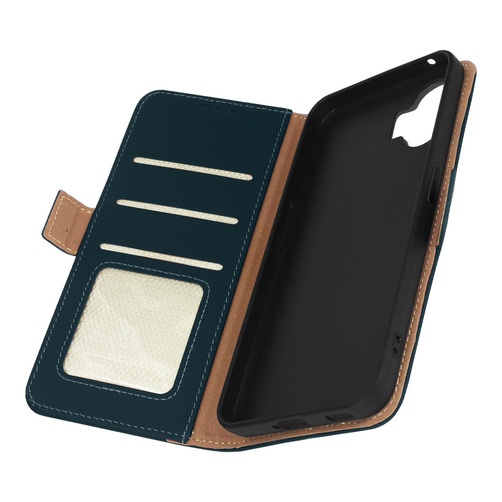 Custodia per telefono blu e marrone aperta con fessure per carte e area telefono su sfondo bianco.
