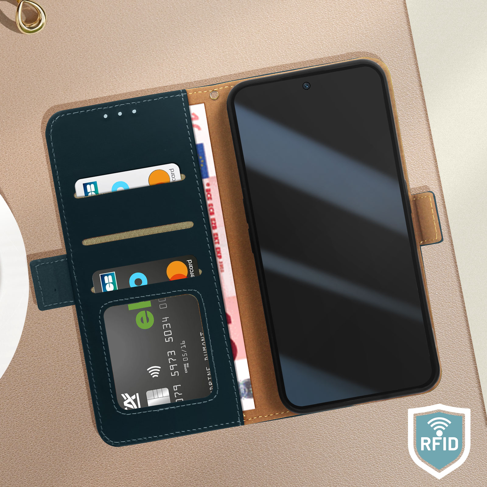 Custodia del telefono aperta con telefono, carte e denaro. Simbolo RFID visibile.