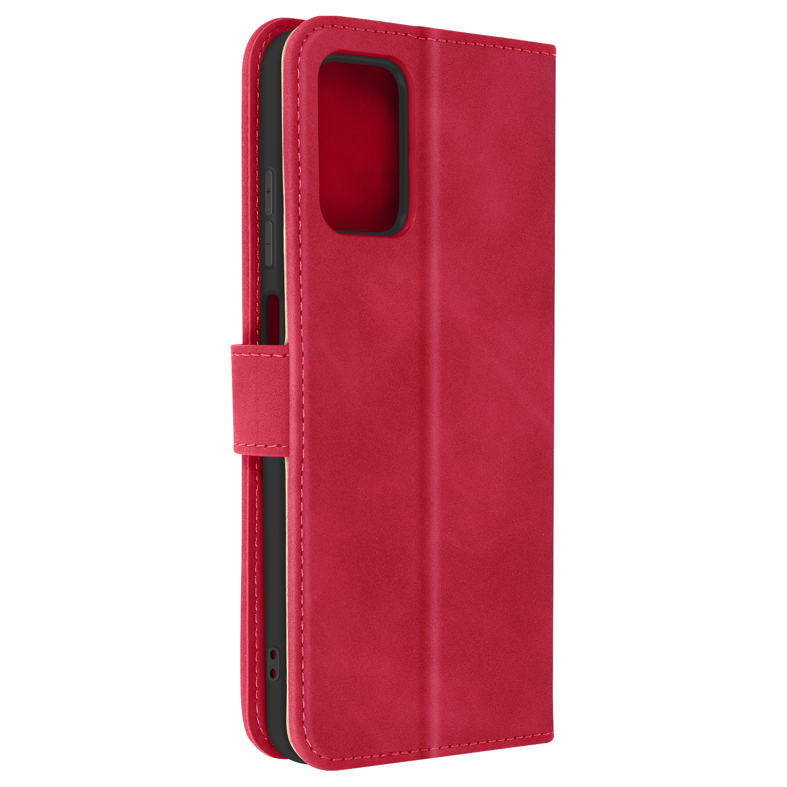 Custodia rossa per telefono, chiusa, con superficie strutturata. Telefono all'interno.