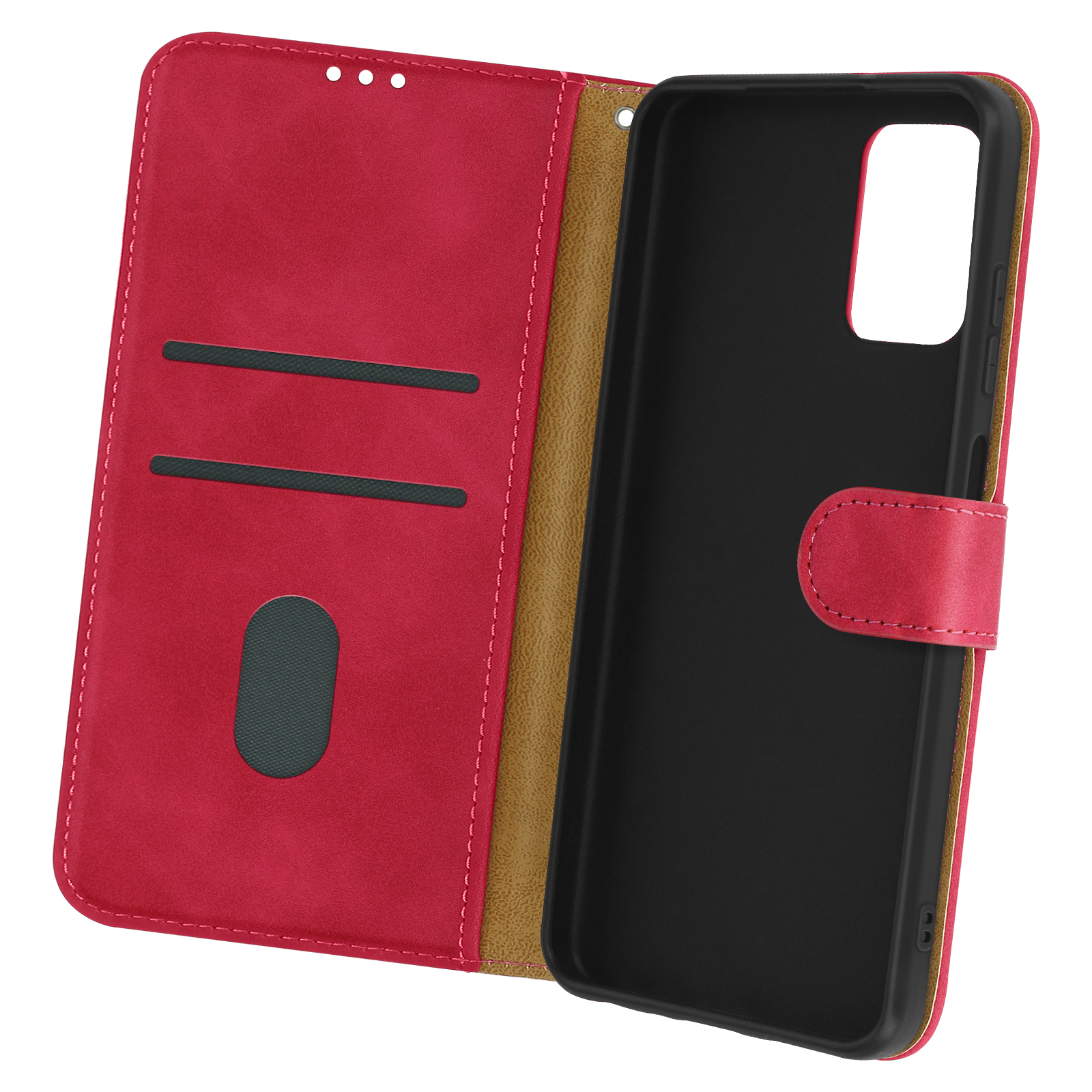 Custodia rossa per telefono con design a portafoglio. Aperta per rivelare fessure interne.