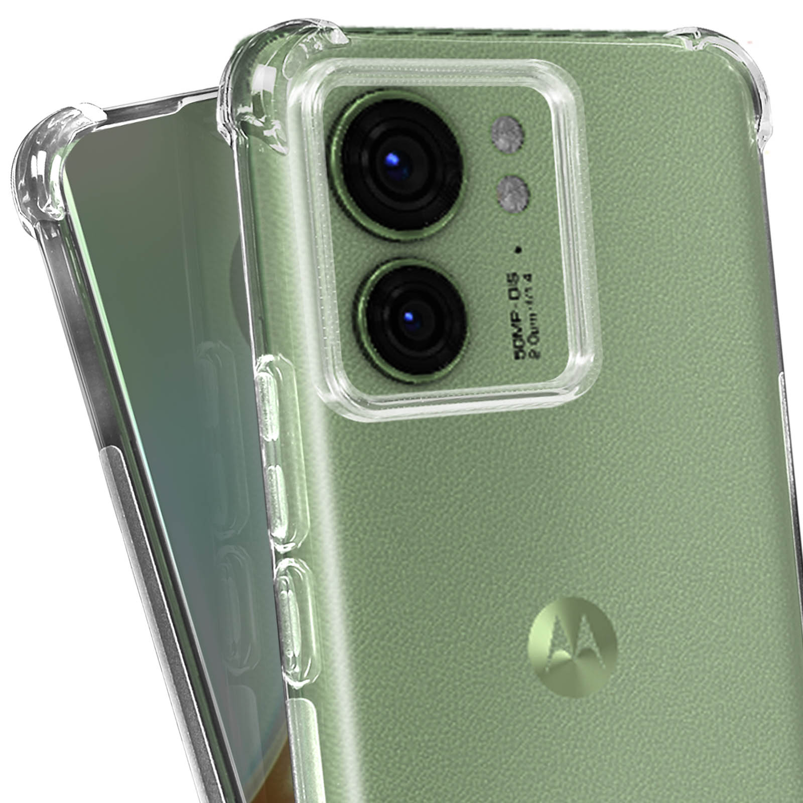 Transparente Handyhülle auf einem hellgrünen Telefon. Das Telefon hat zwei Kameralinsen mit Blitz.