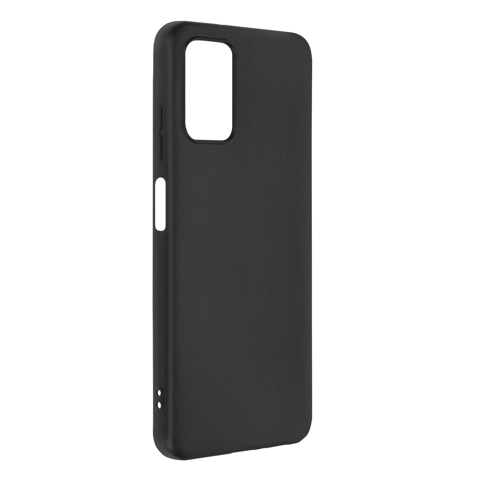 Custodia per telefono nera. Ha un ritaglio per la fotocamera e fori per i pulsanti. Sfondo bianco.