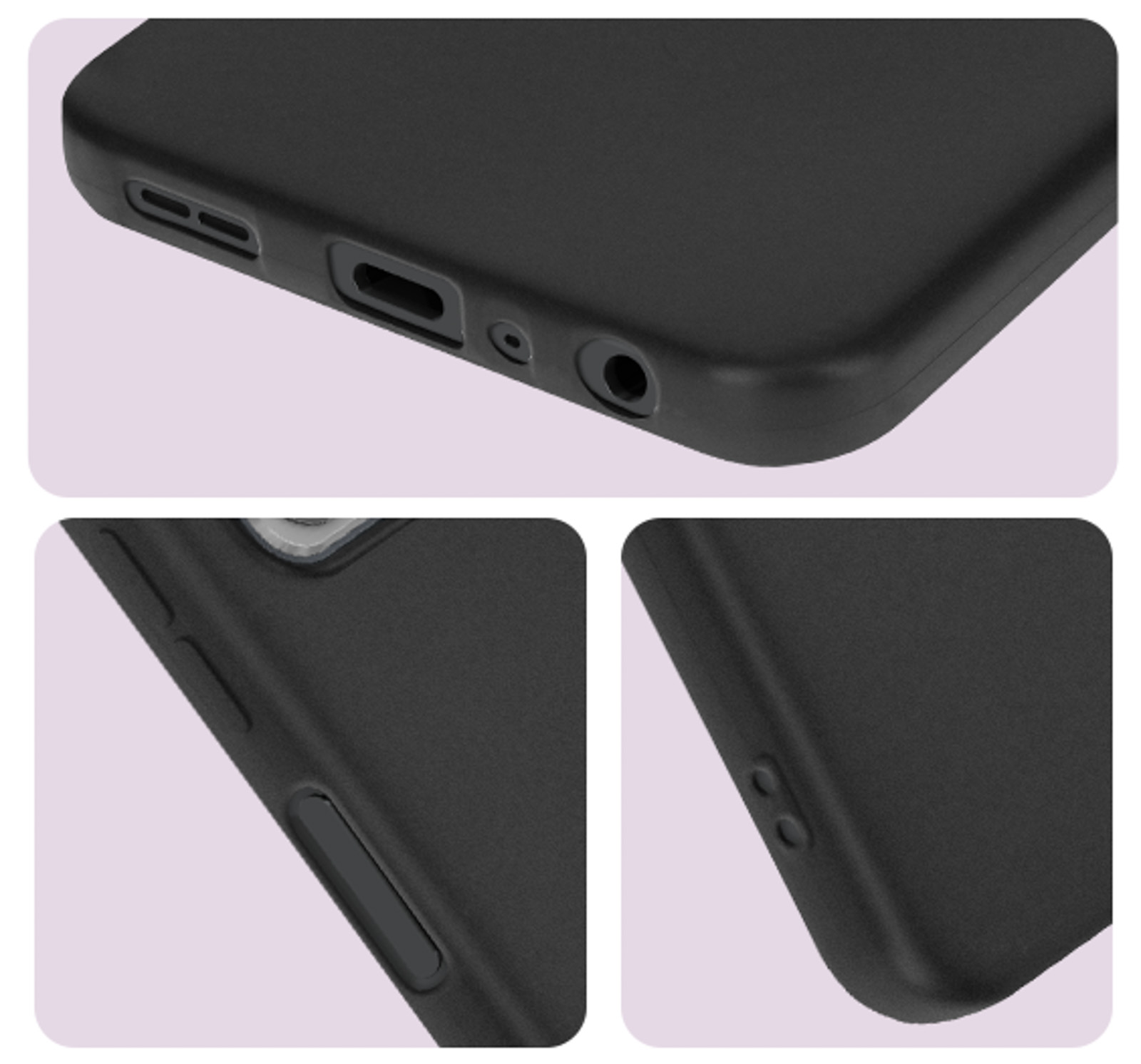 Primo piano di una cover nera per telefono che mostra porte e pulsanti, tra cui porta di ricarica, jack per cuffie e pulsanti del volume.