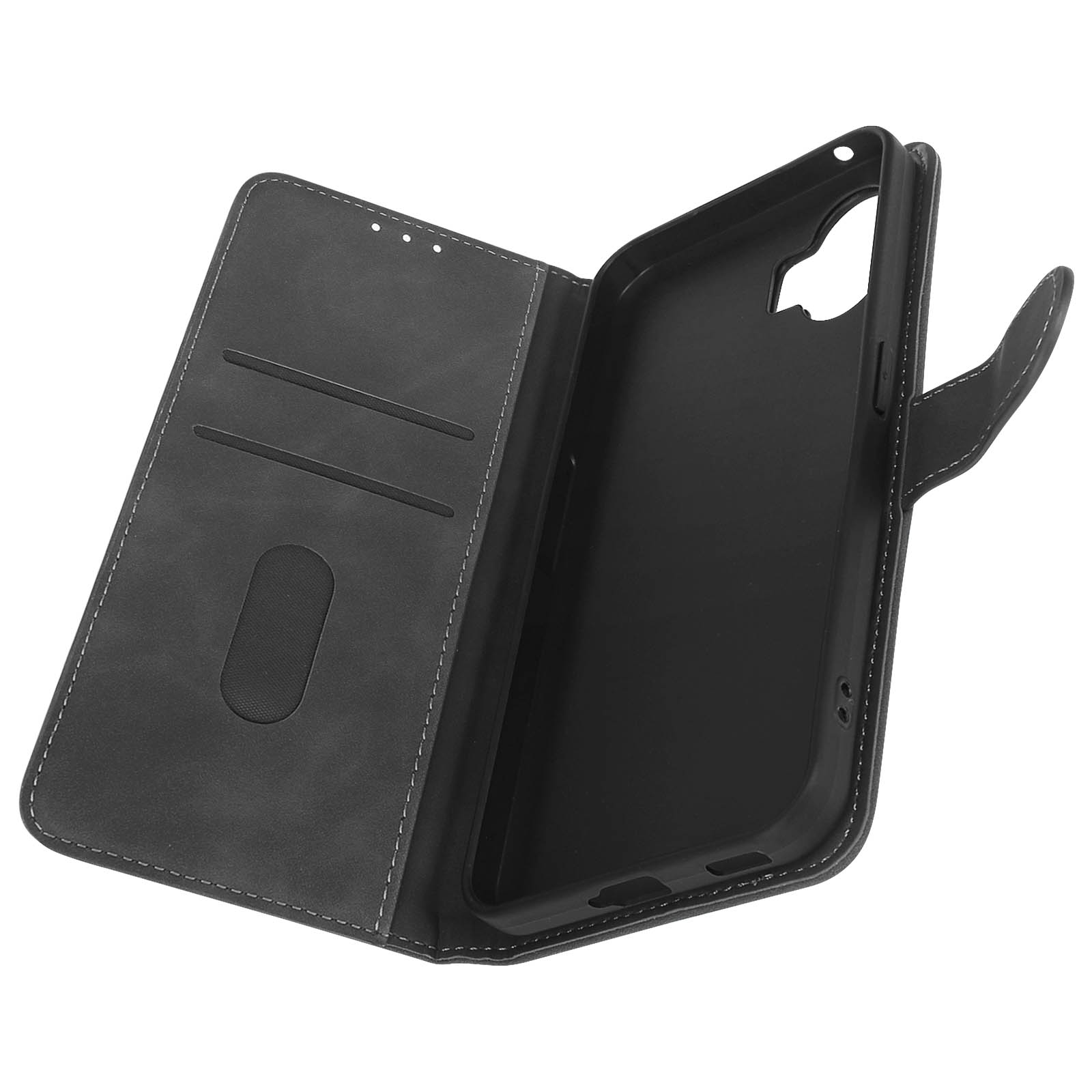 Schwarze Leder-Handyhülle, geöffnet, mit Kartenfächern und einem Telefonhalter. Weiße Nähte sind sichtbar.