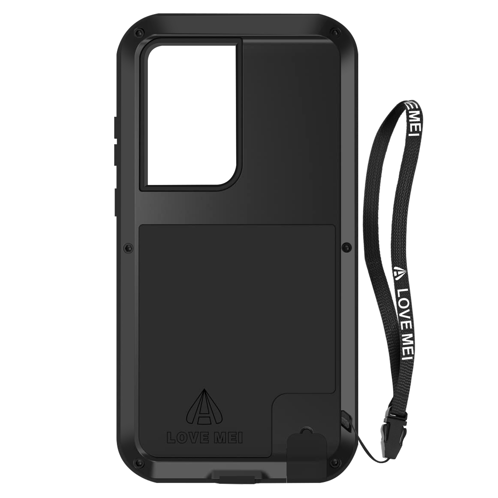 Custodia nera per telefono con area fotocamera aperta, cinturino e logo Love Mei.