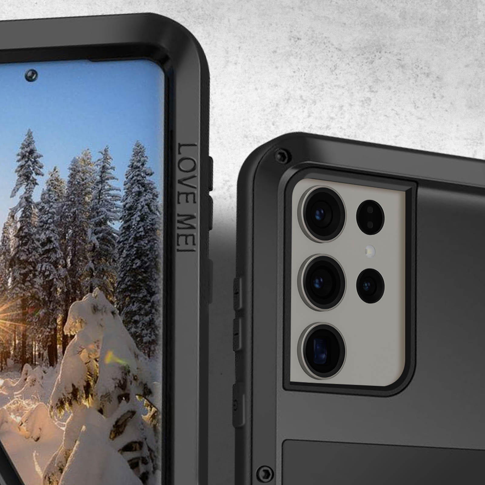 Una custodia per telefono con una scena invernale innevata e un telefono. La custodia dice 'LOVE MEI'.