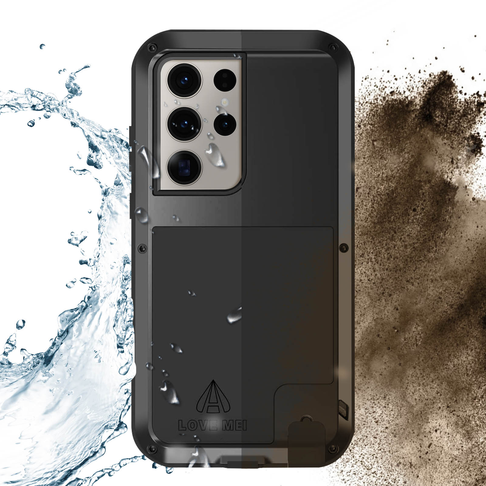 Custodia nera per telefono con effetti acqua e polvere, telefono al centro.