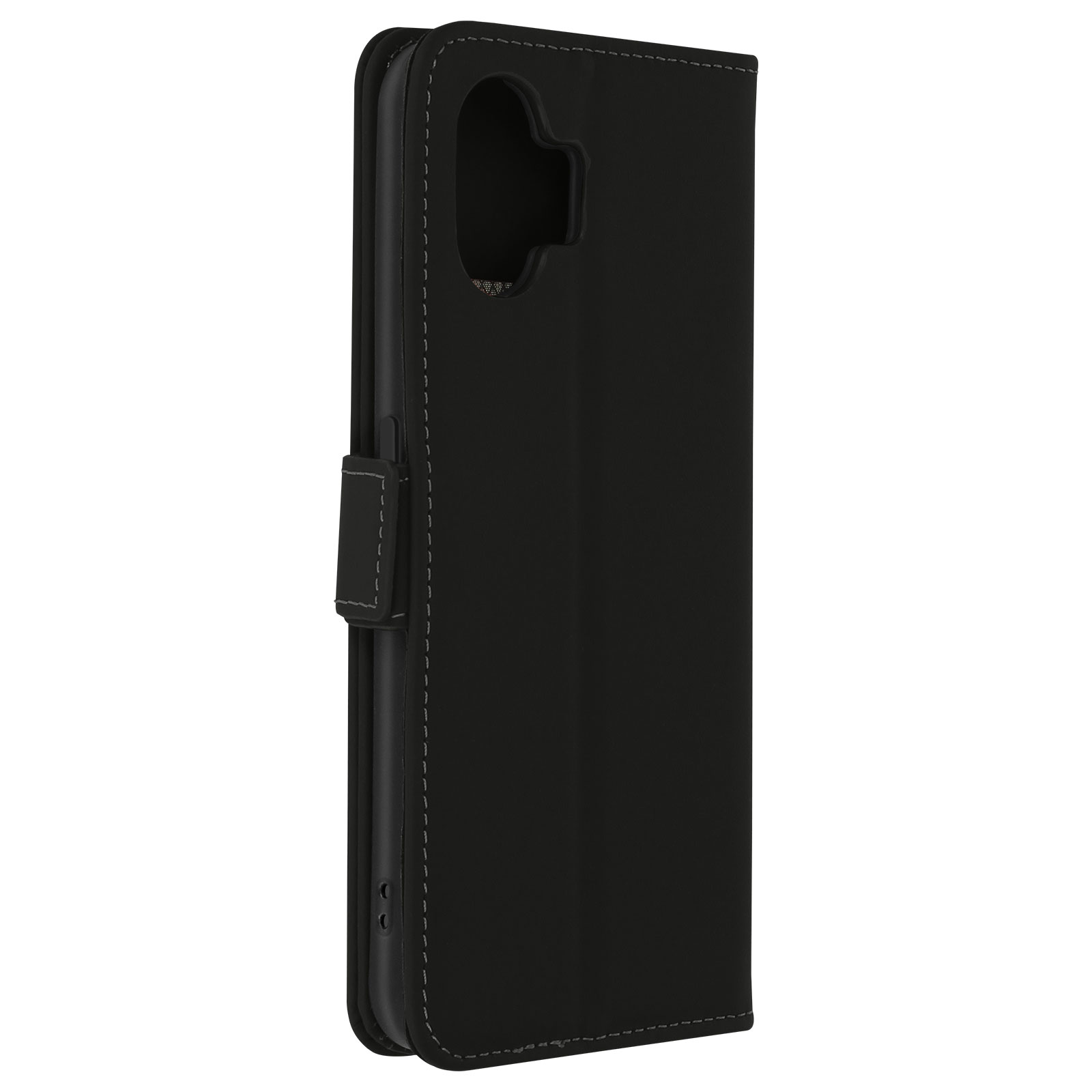 Una custodia per telefono nera, aperta per rivelare uno slot per telefono. La custodia ha una chiusura magnetica.