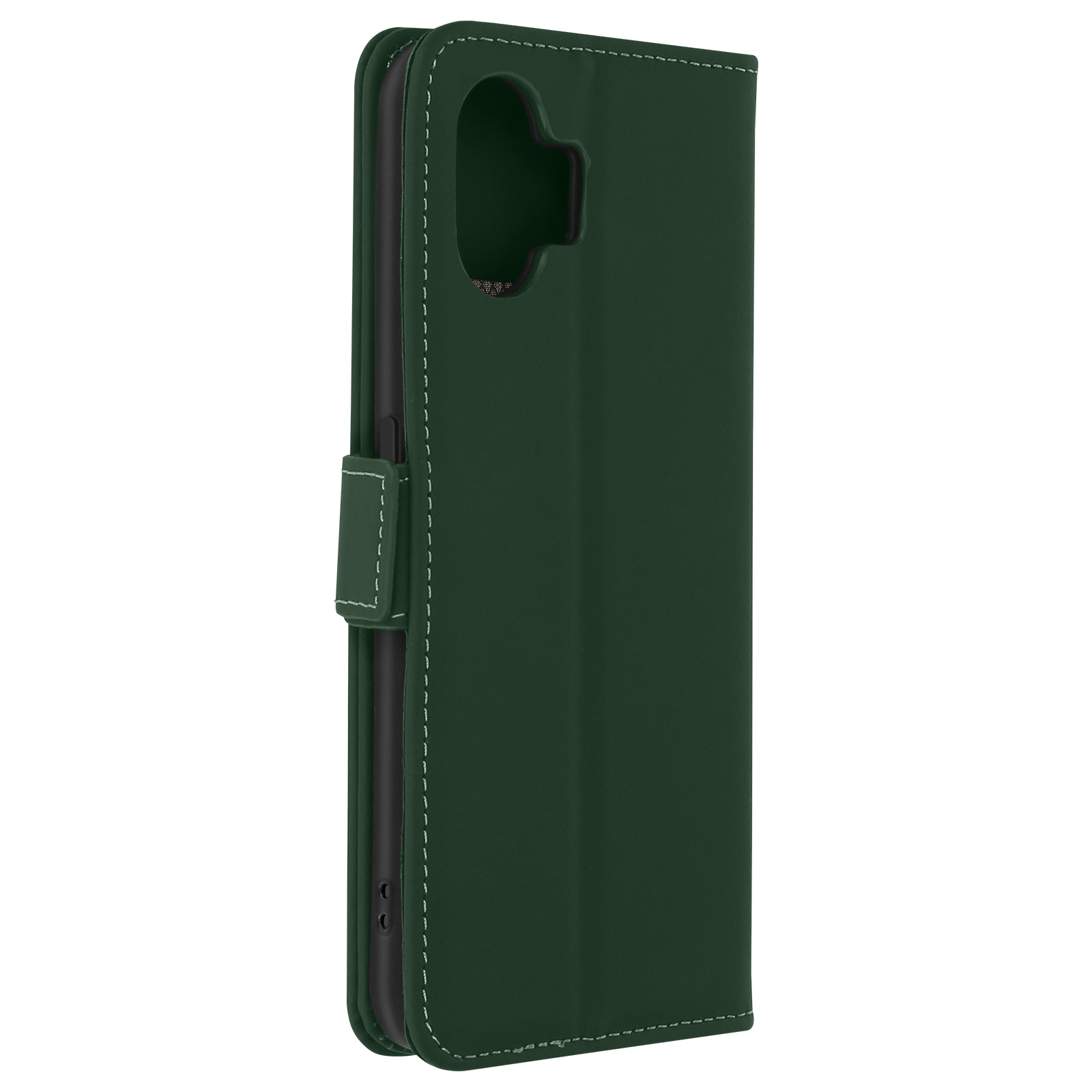 Una custodia per telefono verde scuro aperta con cucitura bianca.