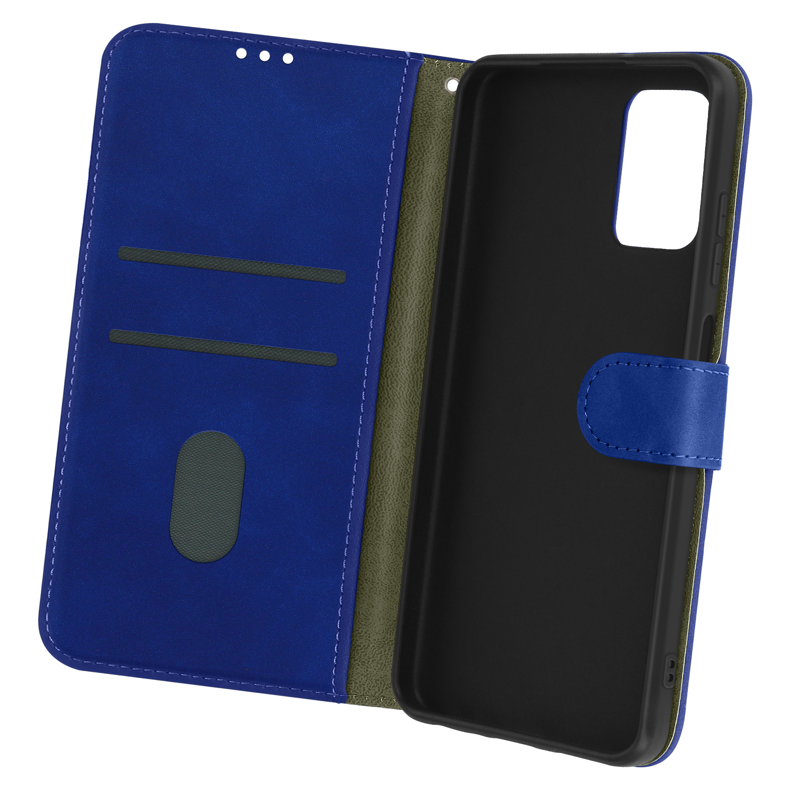 Custodia per telefono blu con fessure per carte e custodia interna nera. Chiusura magnetica blu.