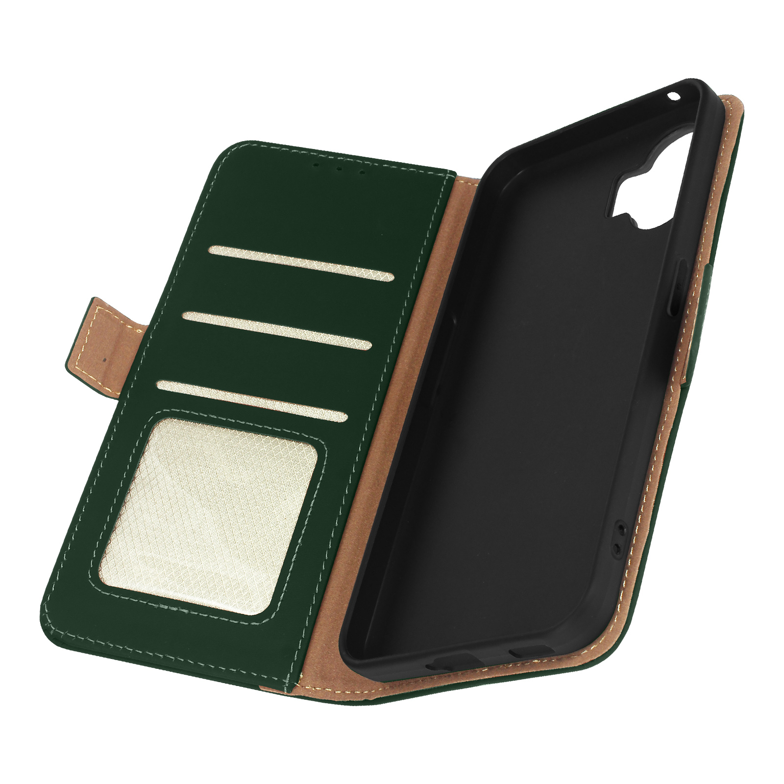 Custodia per telefono verde, aperta. Mostra slot per schede e supporto per telefono. Interno nero.
