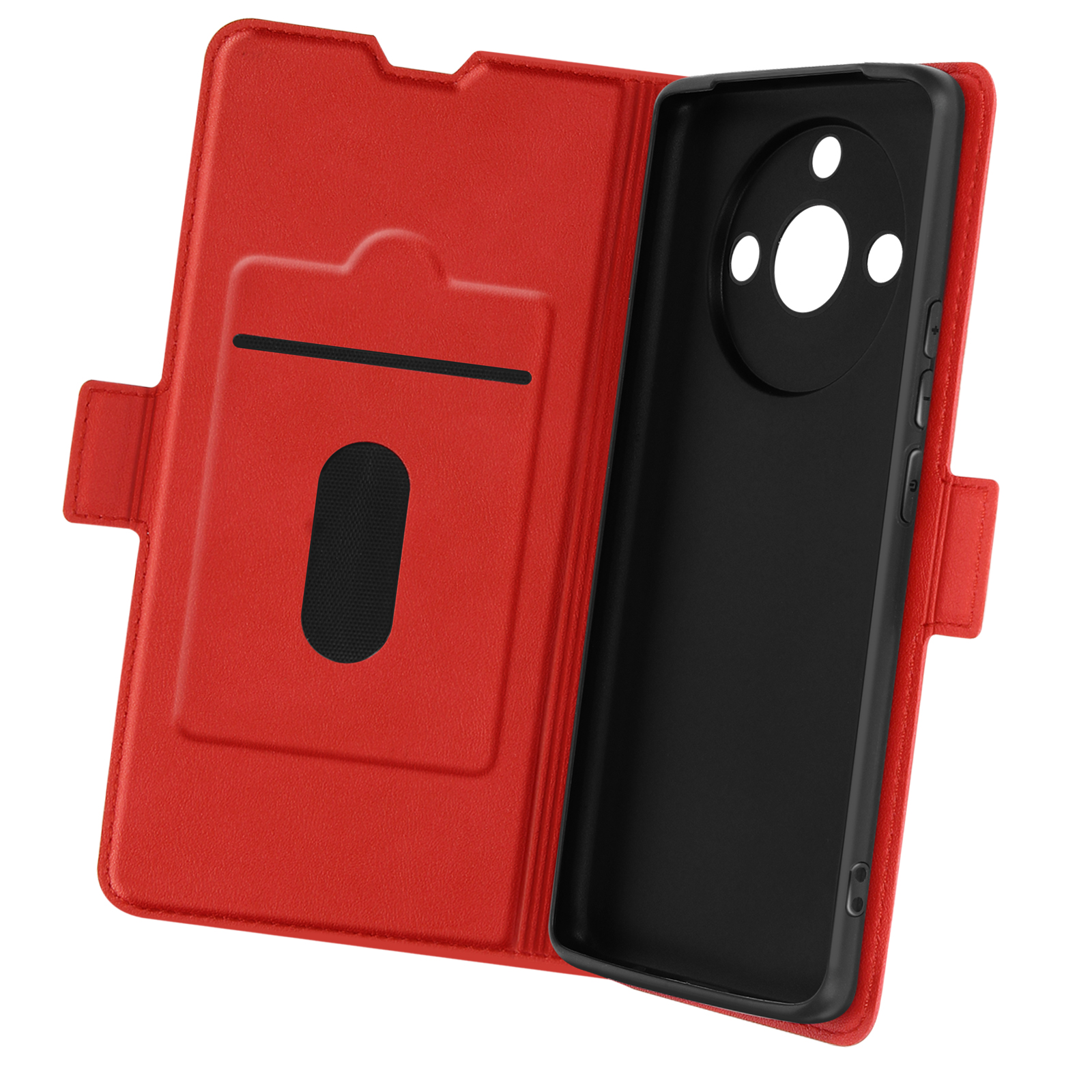 Una custodia rossa per telefono, aperta, con scomparti per carte e uno spazio aperto per il telefono. Interno nero.