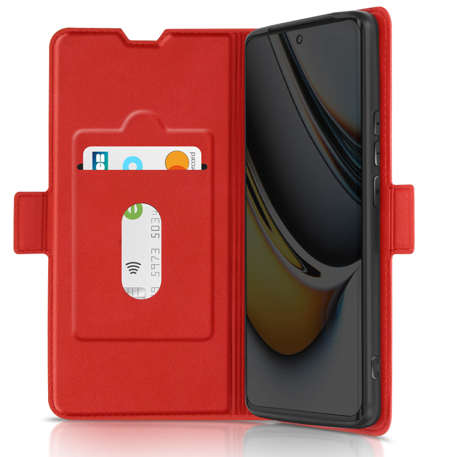 Una custodia per telefono rossa, aperta, che mostra uno slot per carte con una carta di credito e il telefono.