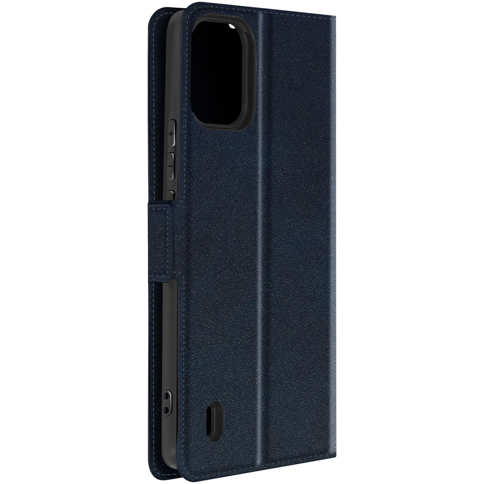 Custodia blu aperta, mostra il lato del telefono, con pulsanti e porta di ricarica.