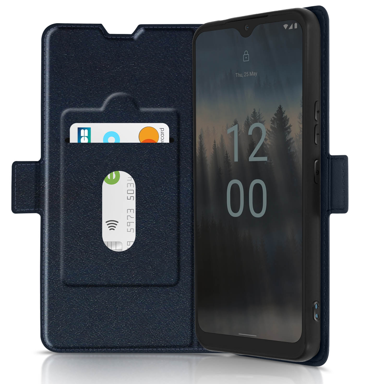 Custodia blu navy aperta, che rivela un telefono e slot per schede. Il telefono mostra una schermata di blocco.