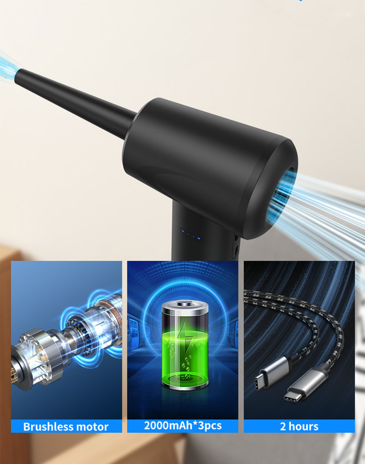 Ein schwarzer kabelloser Luftstaubsauger mit Zubehör. Text 'Brushless motor', '2000mAh*3pcs', und '2 hours'.