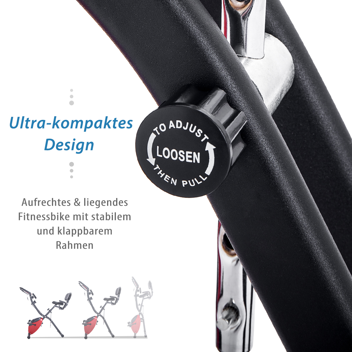 Fahrradkomponente mit einstellbarem Knopf. Text enthält 'ultra-kompaktes Design' und 'lösen dann ziehen'.
