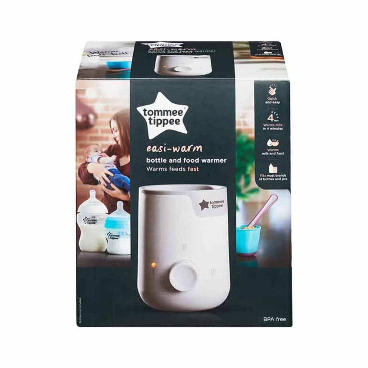 Tommee Tippee Flaschen- und Babynahrungs-Wärmer-Box, mit Bildern von Flaschen, einem Kind und dem Wärmer.