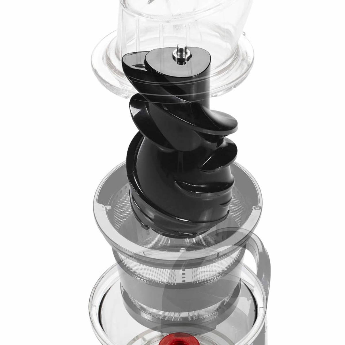 Entsaftermechanismus. Klare Kunststoffteile halten eine schwarze Schnecke. Die Schnecke ist die Hauptkomponente.