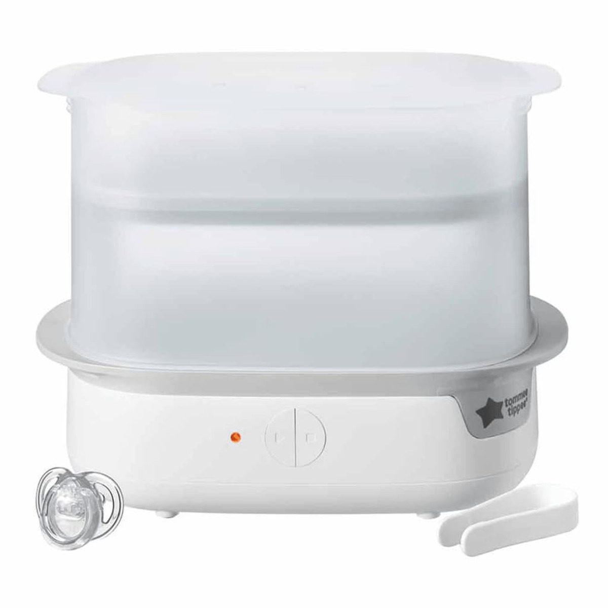 Weiß-grauer Babyflaschensterilisator mit Flasche, Zange und Schnuller.