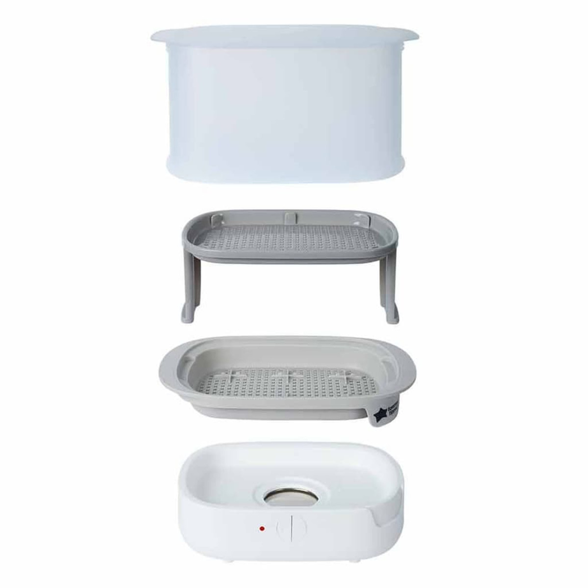 Zerlegter Babyflaschensterilisator. Er hat eine weiße Basis mit rotem Knopf und mehrere Tabletts.