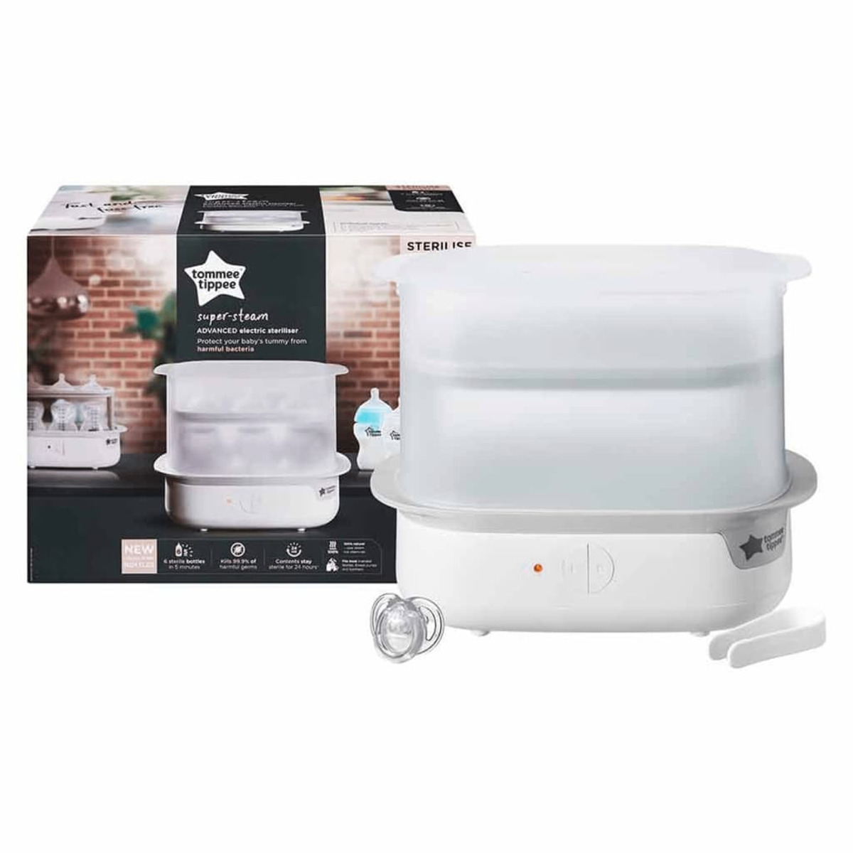 Ein weiß-grauer Tommee Tippee Sterilisator mit einer Box im Hintergrund.