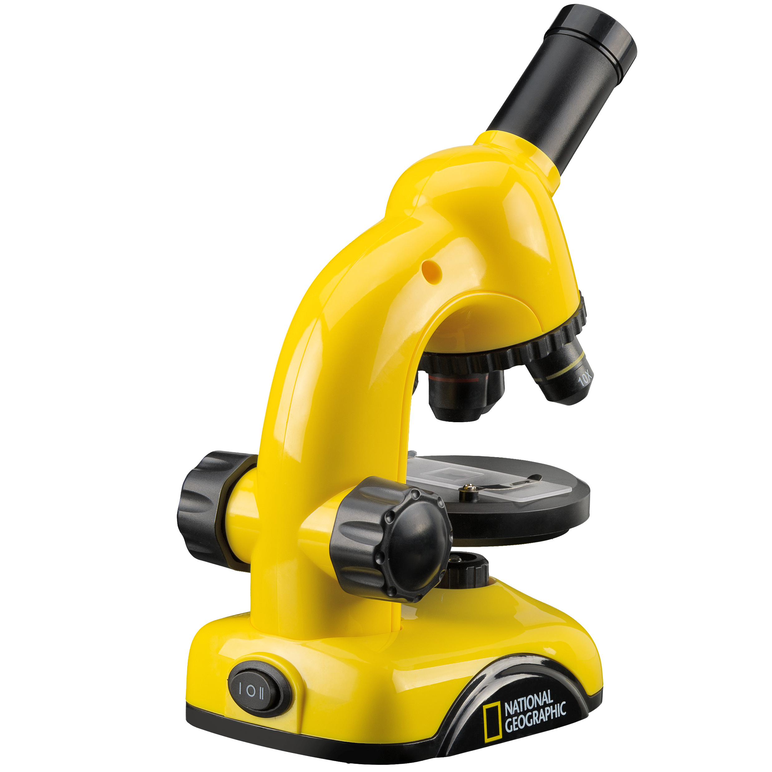 Microscopio amarillo con ajustes y base negros. Etiquetado National Geographic.