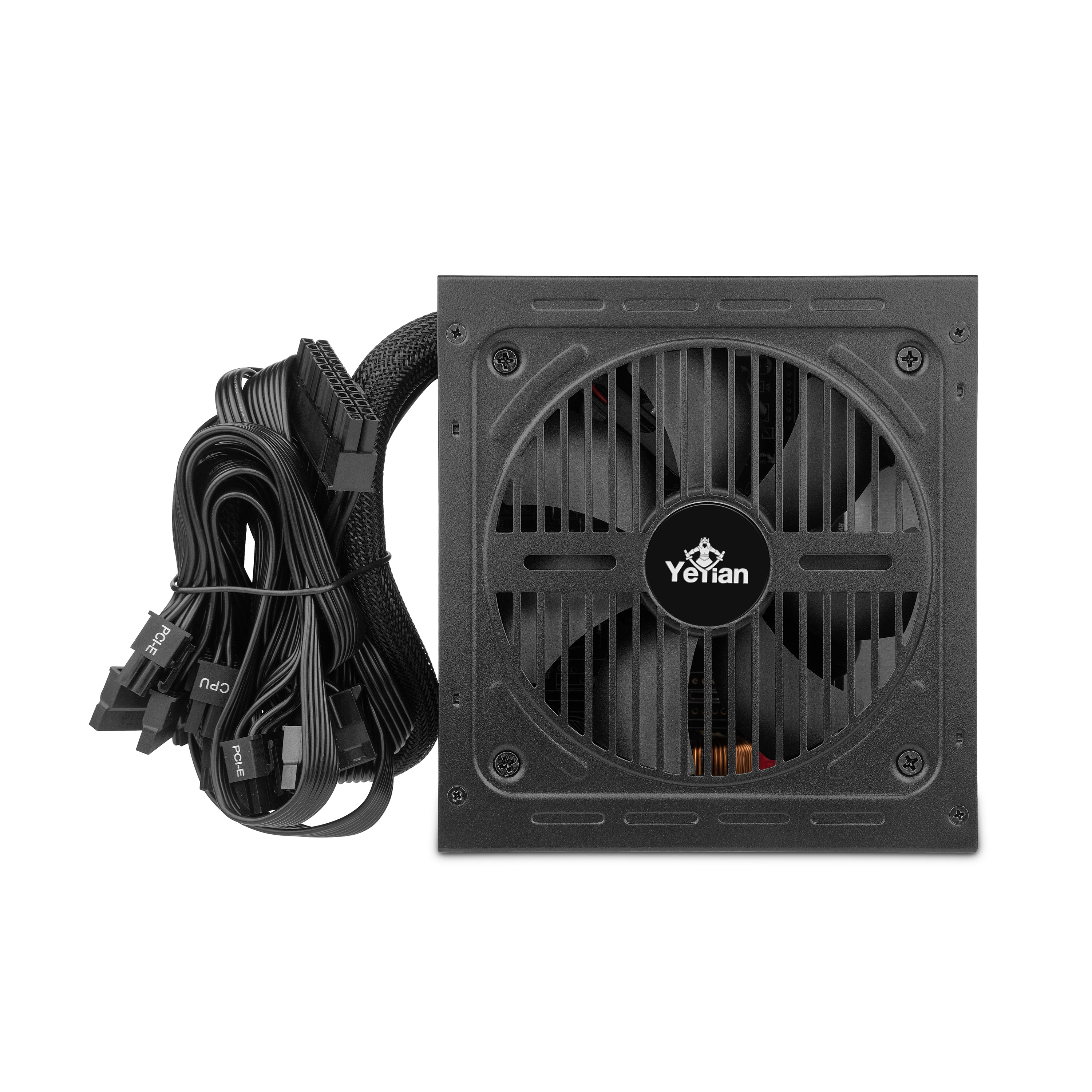Alimentatore nero con ventola e cavi.