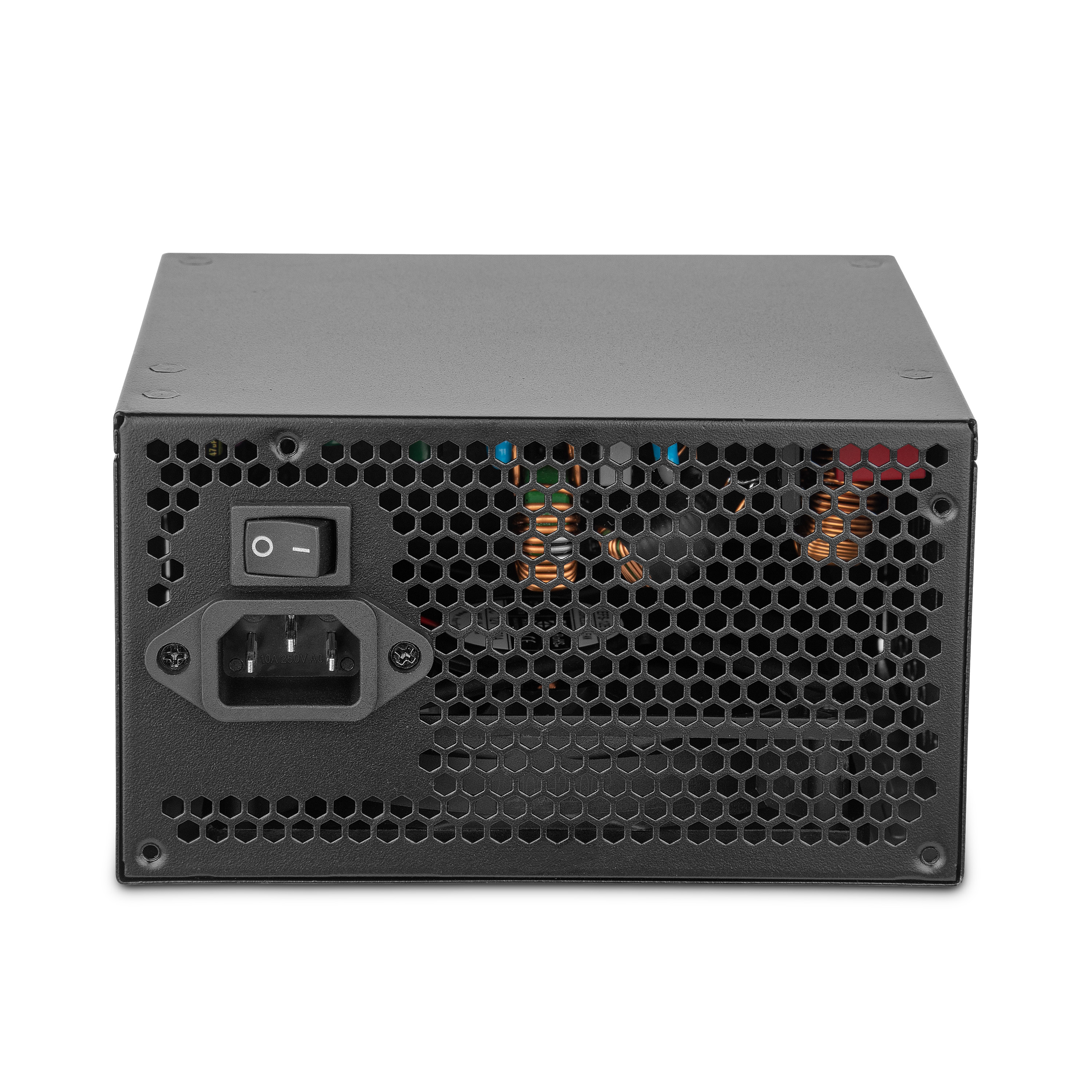 Vista posteriore di un alimentatore per computer nero. Ha un interruttore e una spina.
