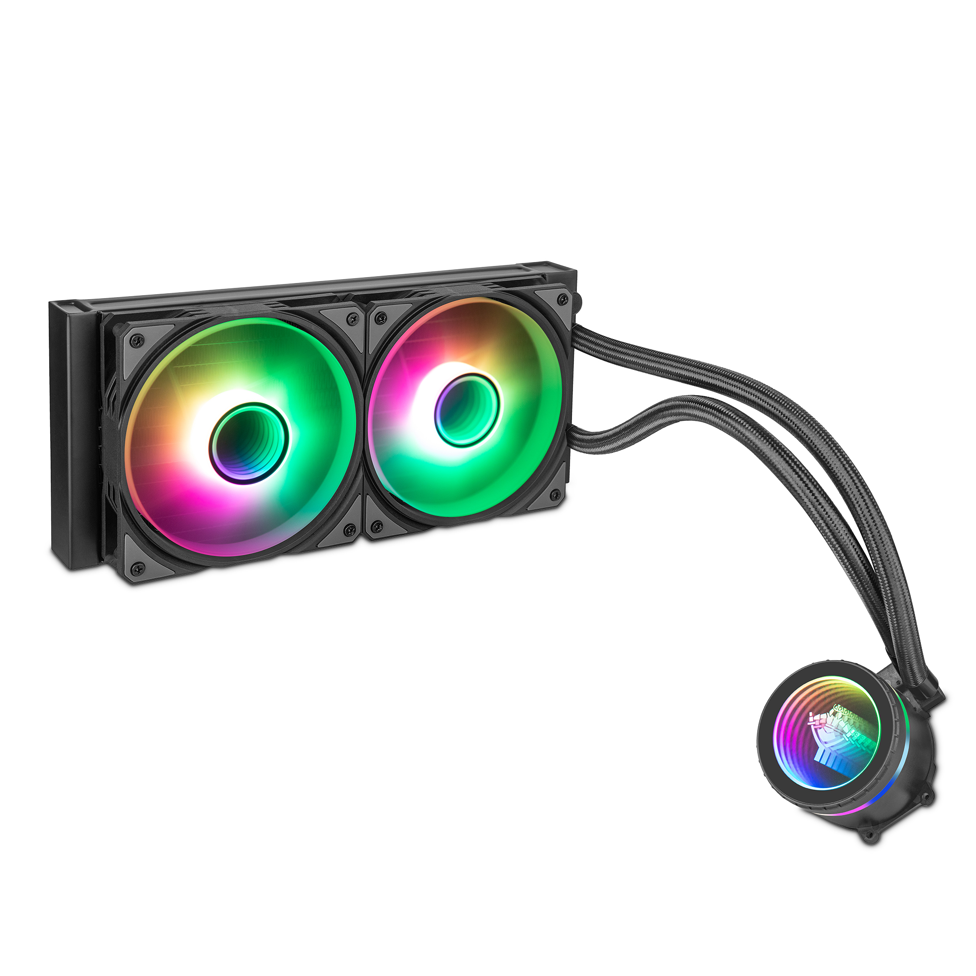 Un sistema de refrigeración para computadora negro con dos ventiladores con luces y tubos de colores.