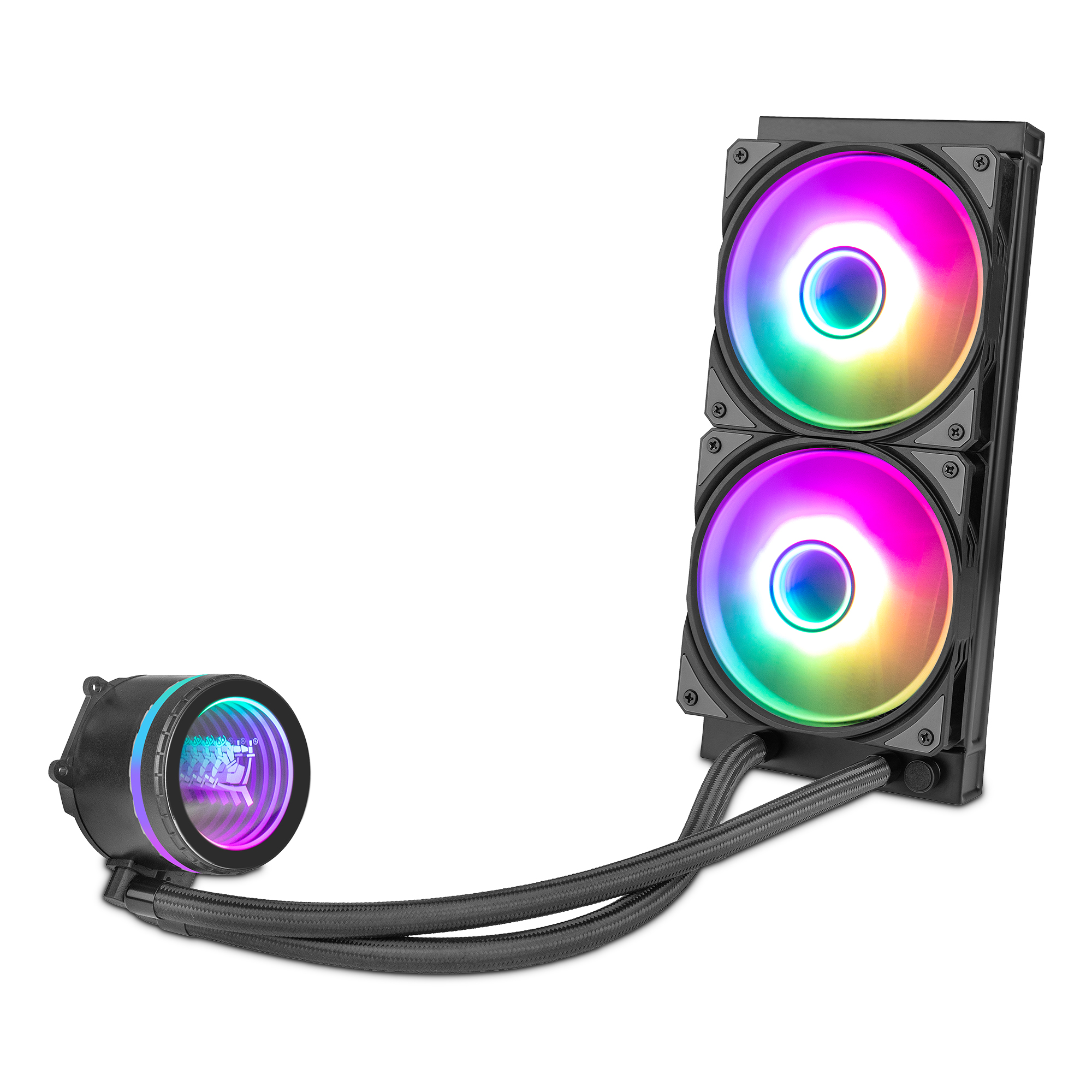 Un enfriador líquido para computadora con dos ventiladores, iluminación colorida y una bomba negra con un logotipo.