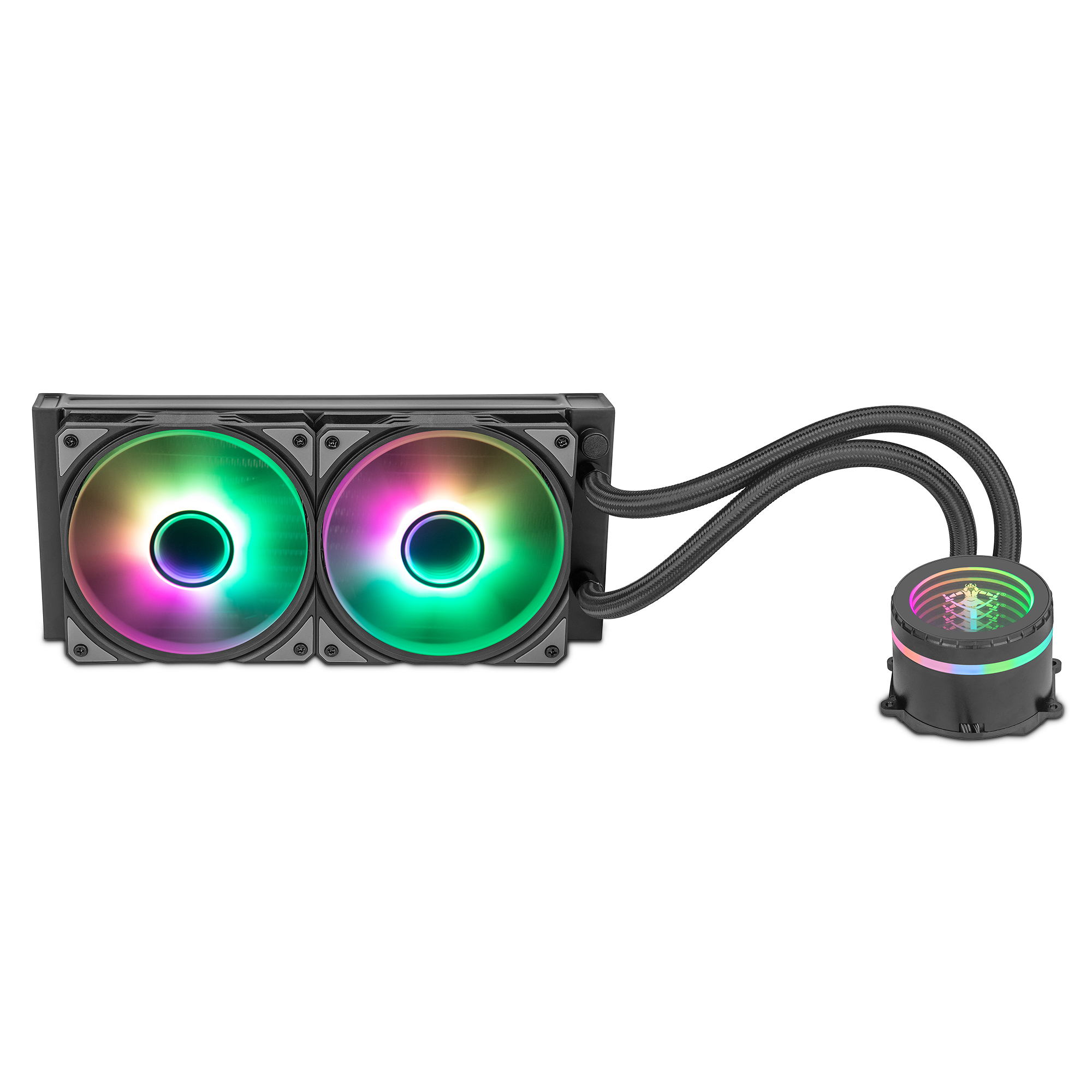 Sistema de refrigeración líquida para computadora con dos ventiladores y un enfriador. Los ventiladores tienen luces multicolores.