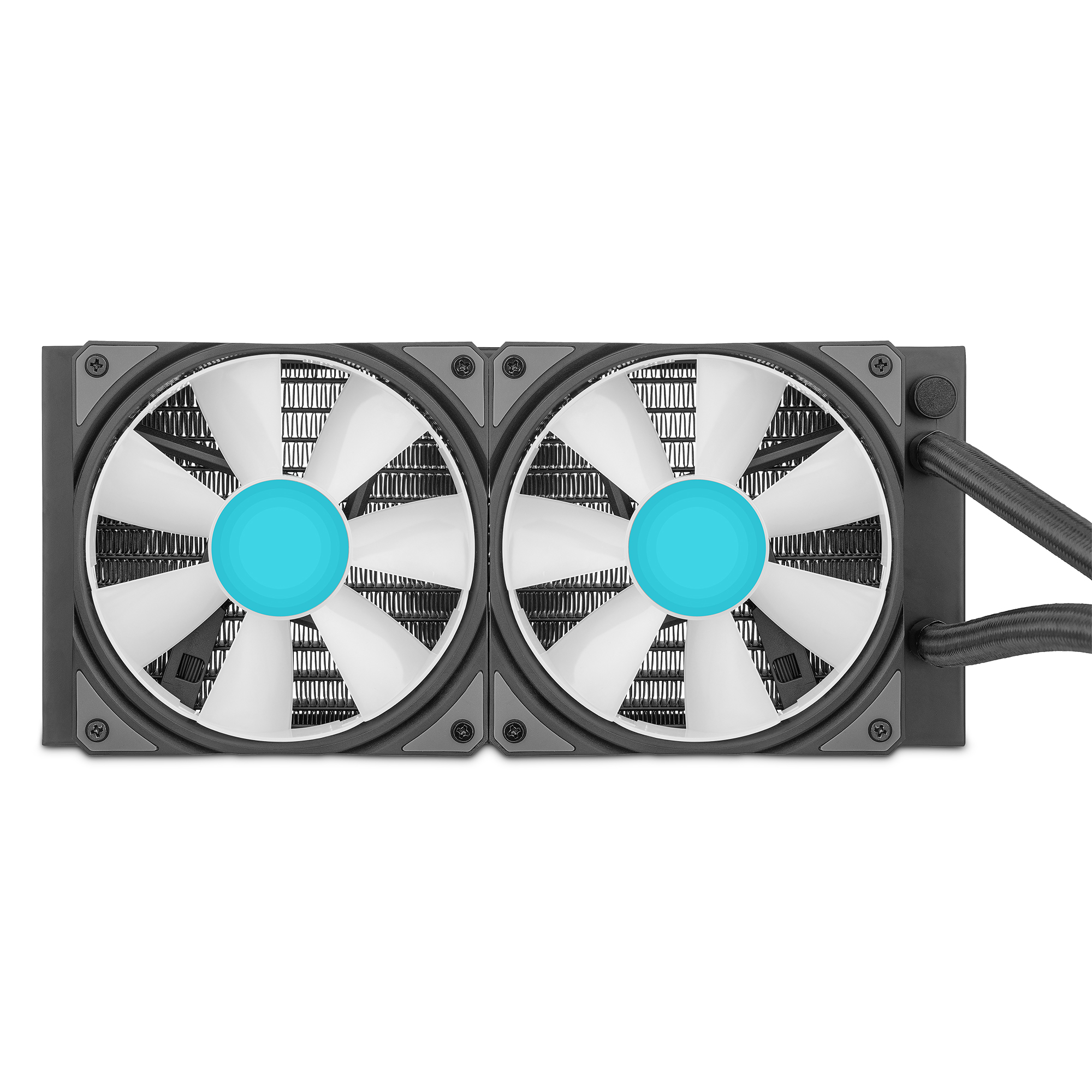 Dos ventiladores en un refrigerador de agua de computadora. Los ventiladores son blancos con centro azul.