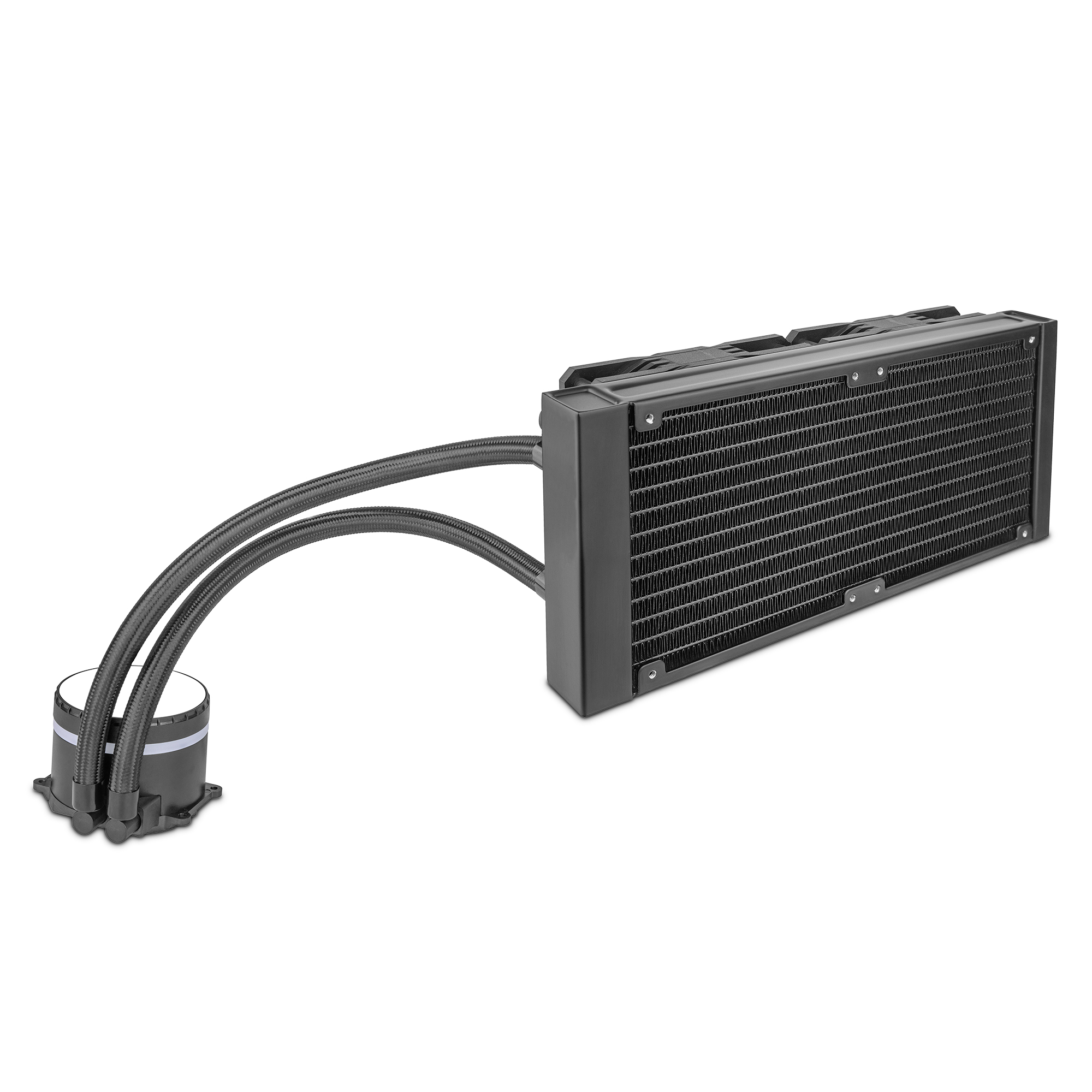 Un enfriador líquido de CPU negro con radiador, tubos y bloque de agua.