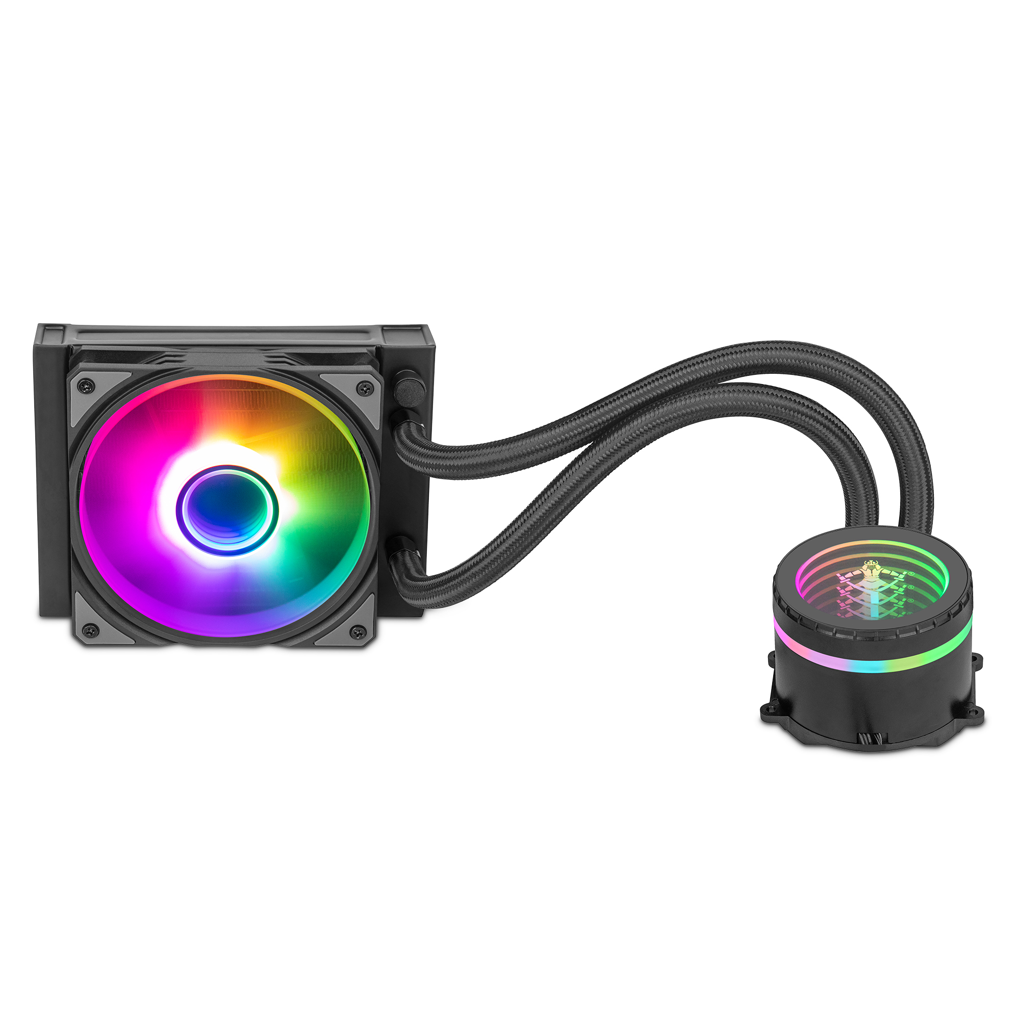 Un enfriador de CPU negro con un ventilador arcoíris y dos tubos conectados a un depósito redondo con luz.