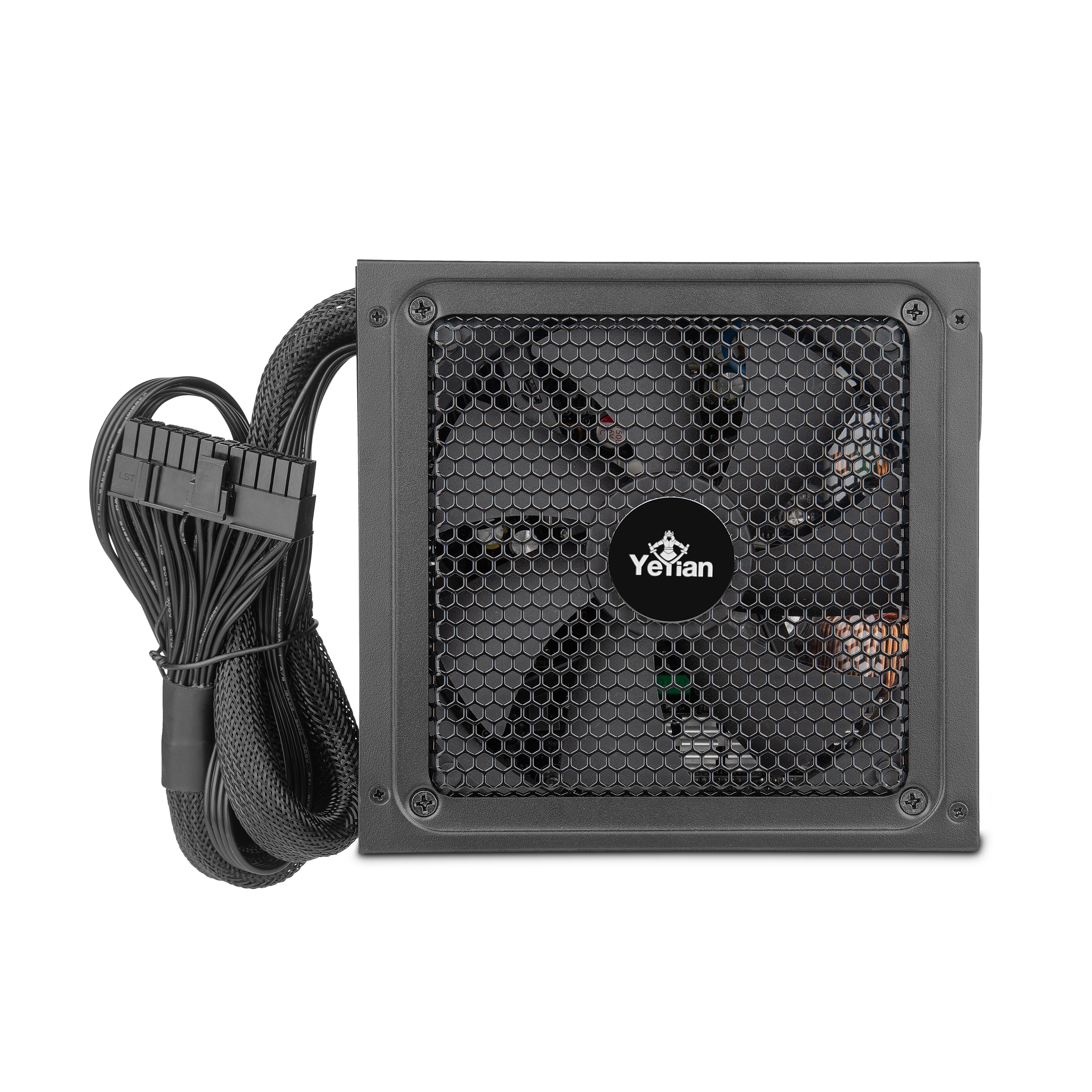 Una fuente de alimentación negra con una rejilla de ventilador y un haz de cables negros.
