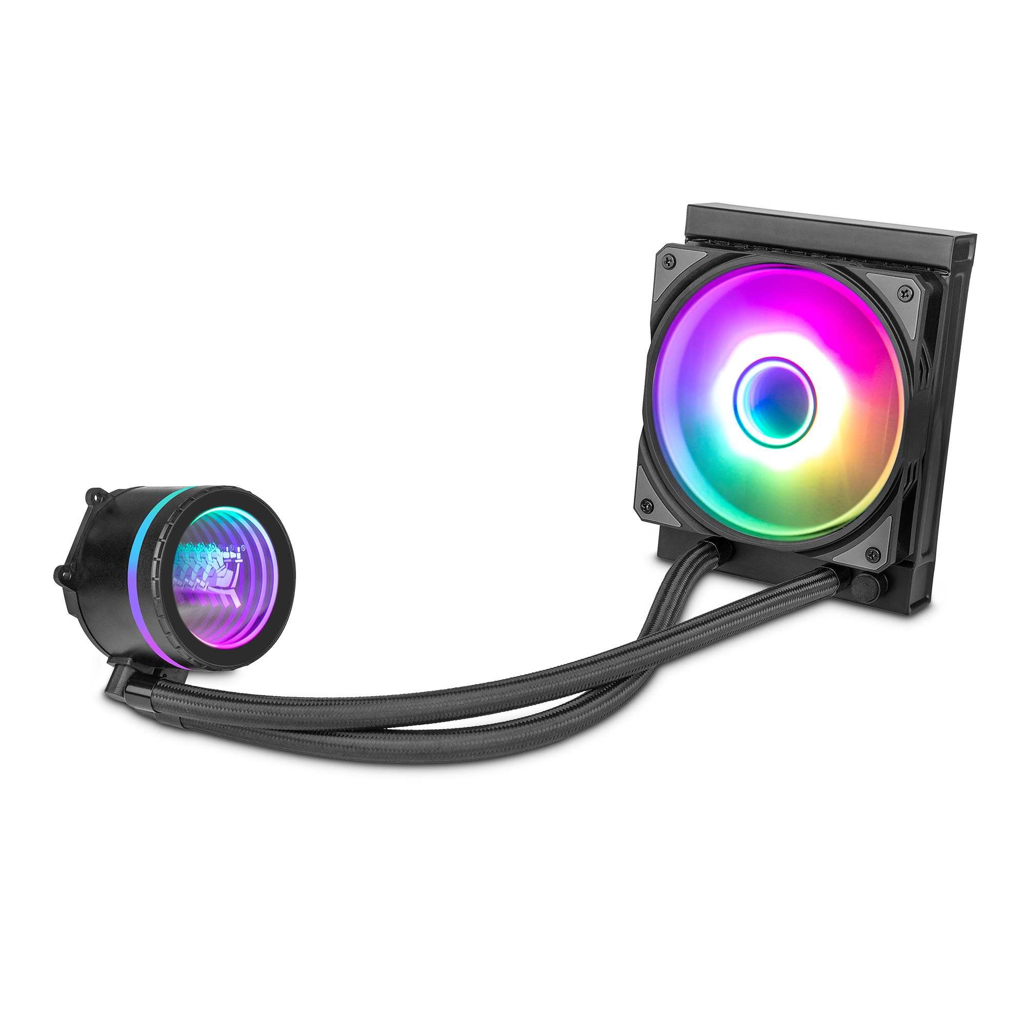 Enfriador líquido AIO con ventilador y bomba RGB circulares.
