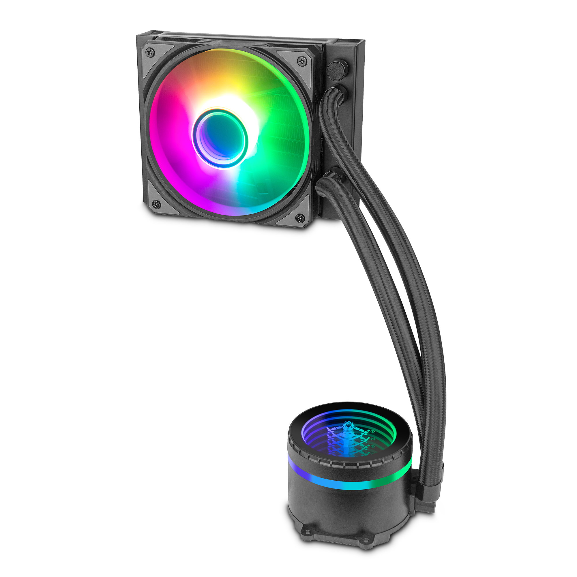 Refrigerador líquido para PC con iluminación RGB. Base circular y radiador cuadrado.