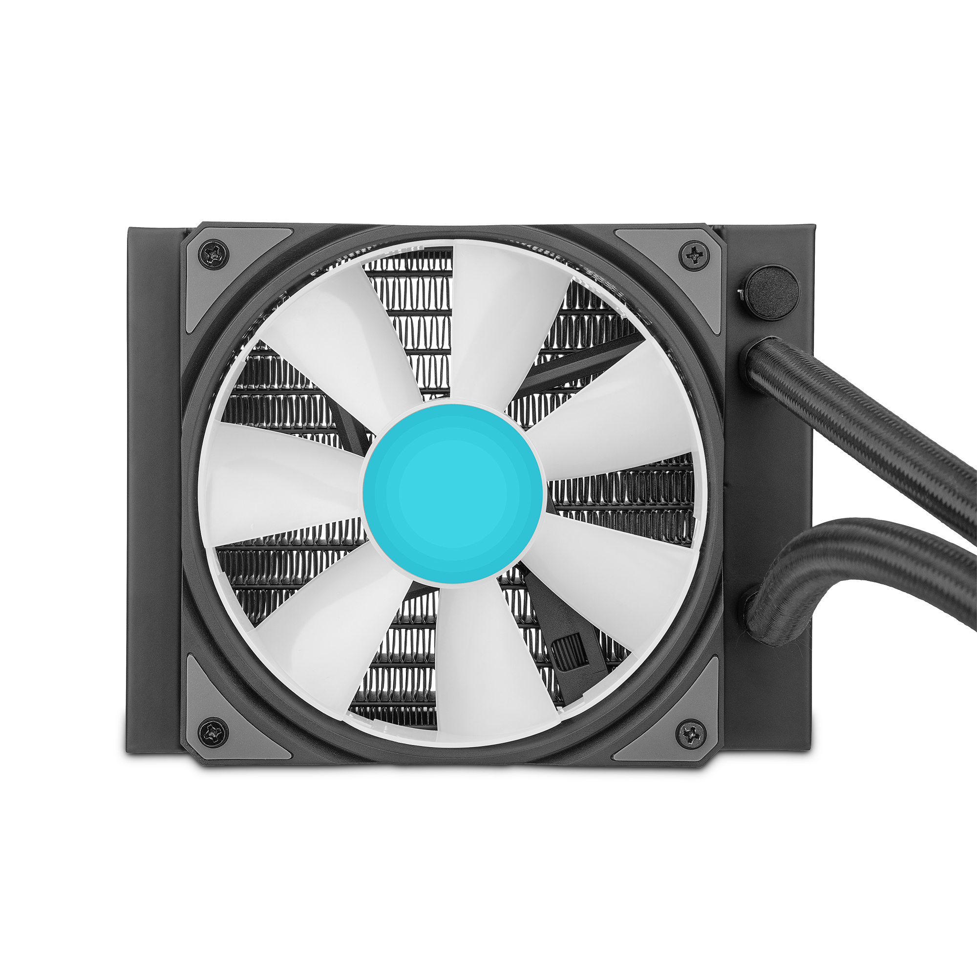 Un ventilador de computadora con aspas blancas, centro celeste y marco negro.