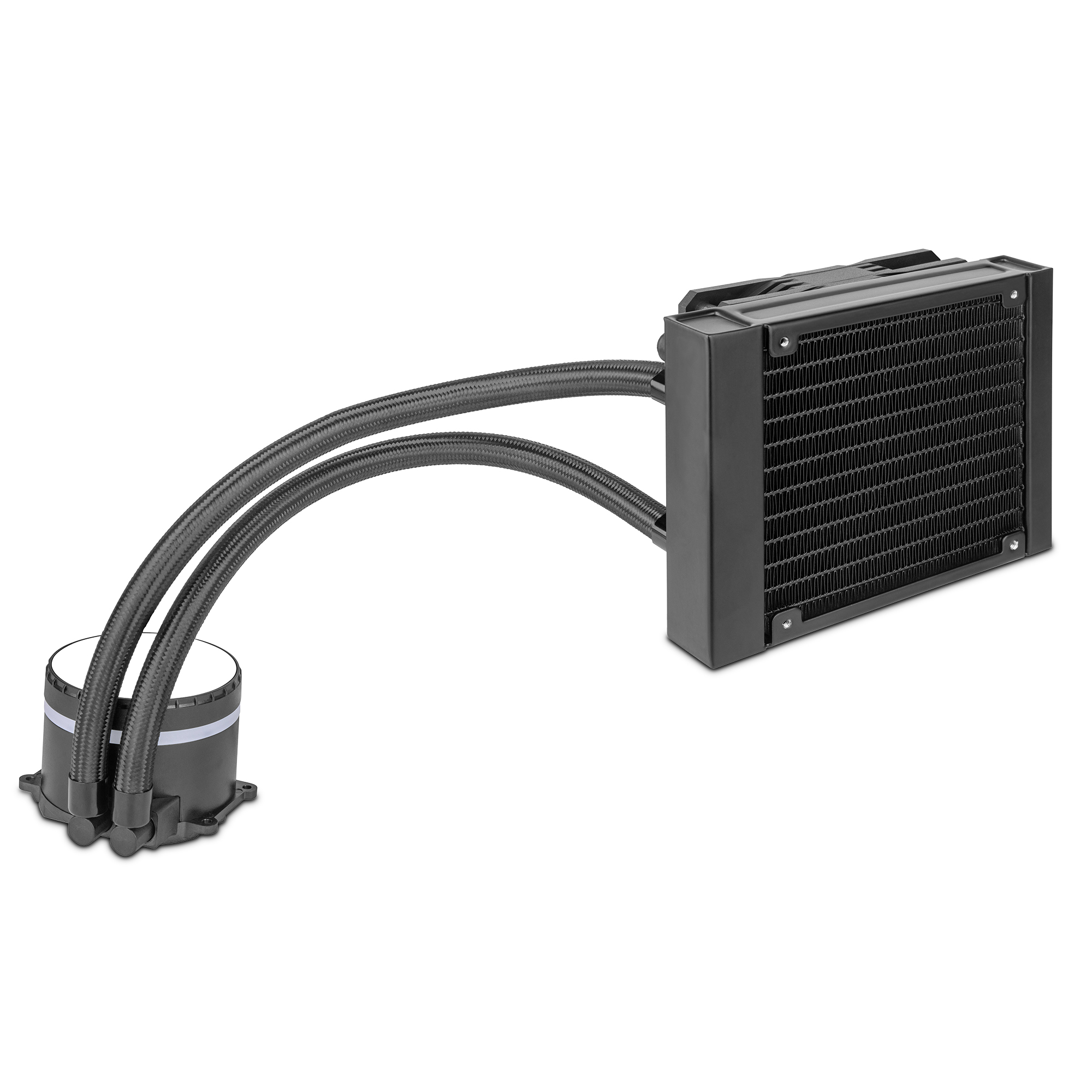 Sistema de refrigeración líquida con bomba redonda, dos tubos y un radiador rectangular, todo negro.