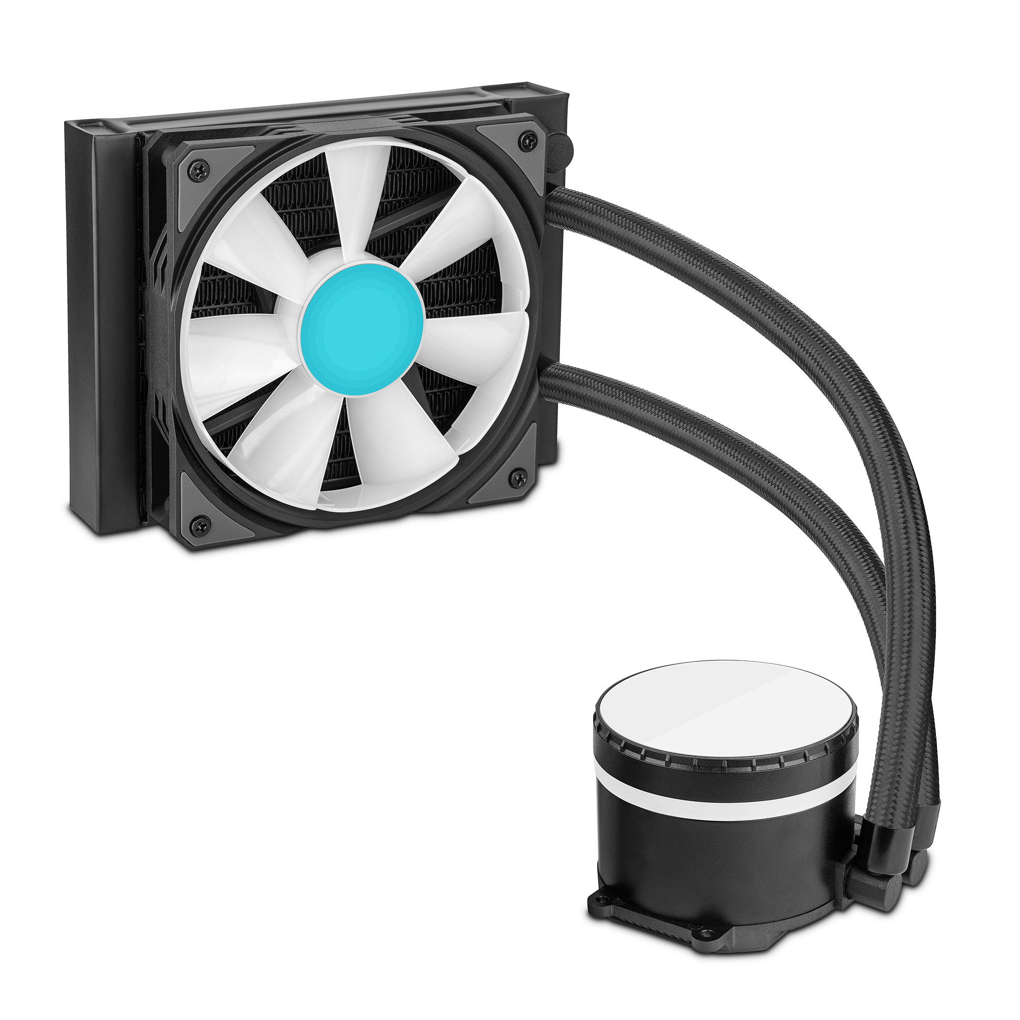 Un sistema de refrigeración blanco y negro con ventilador y depósito sobre fondo blanco.