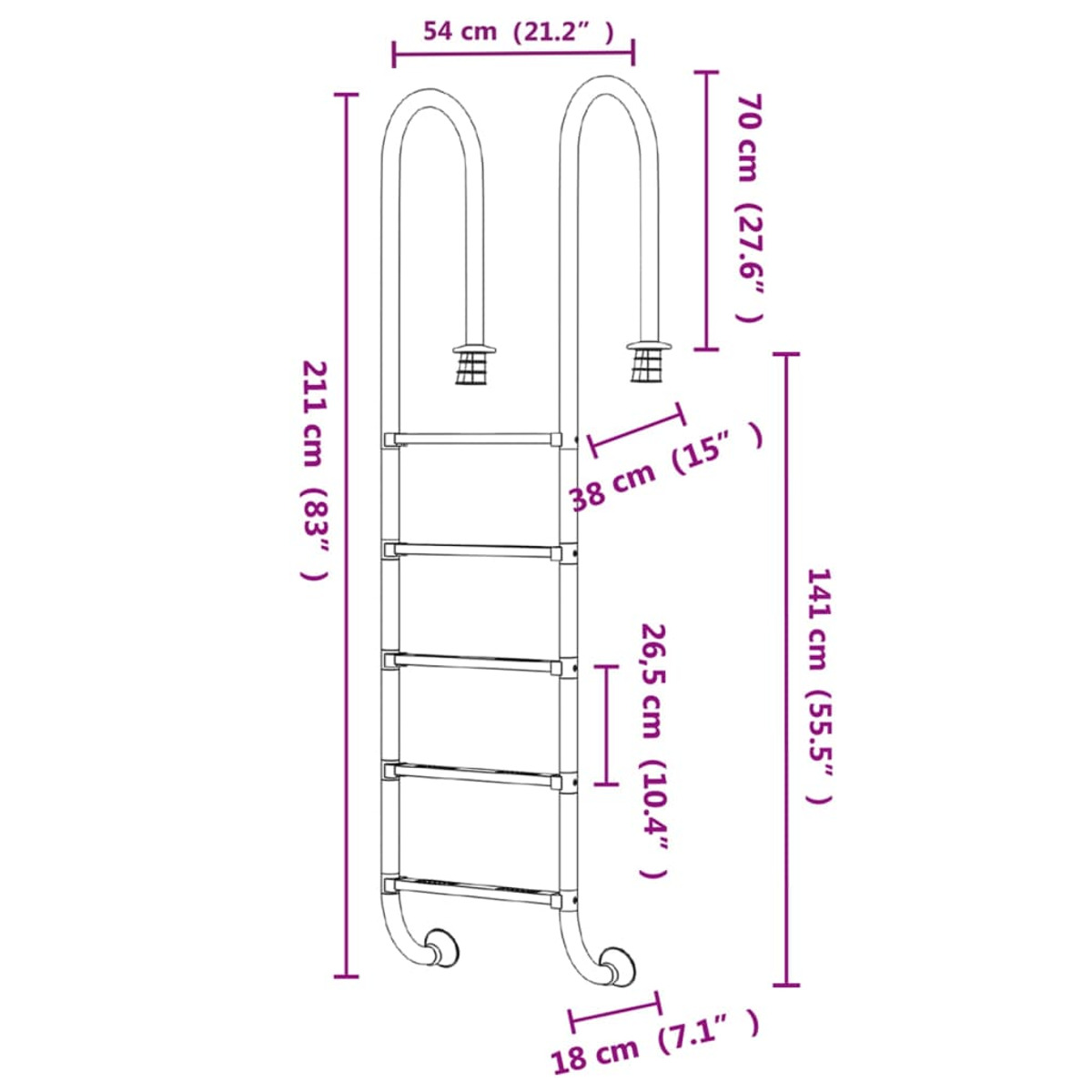 Diagramm einer Poolleiter mit Abmessungen in cm, einschließlich Höhe, Breite und Stufendetails.