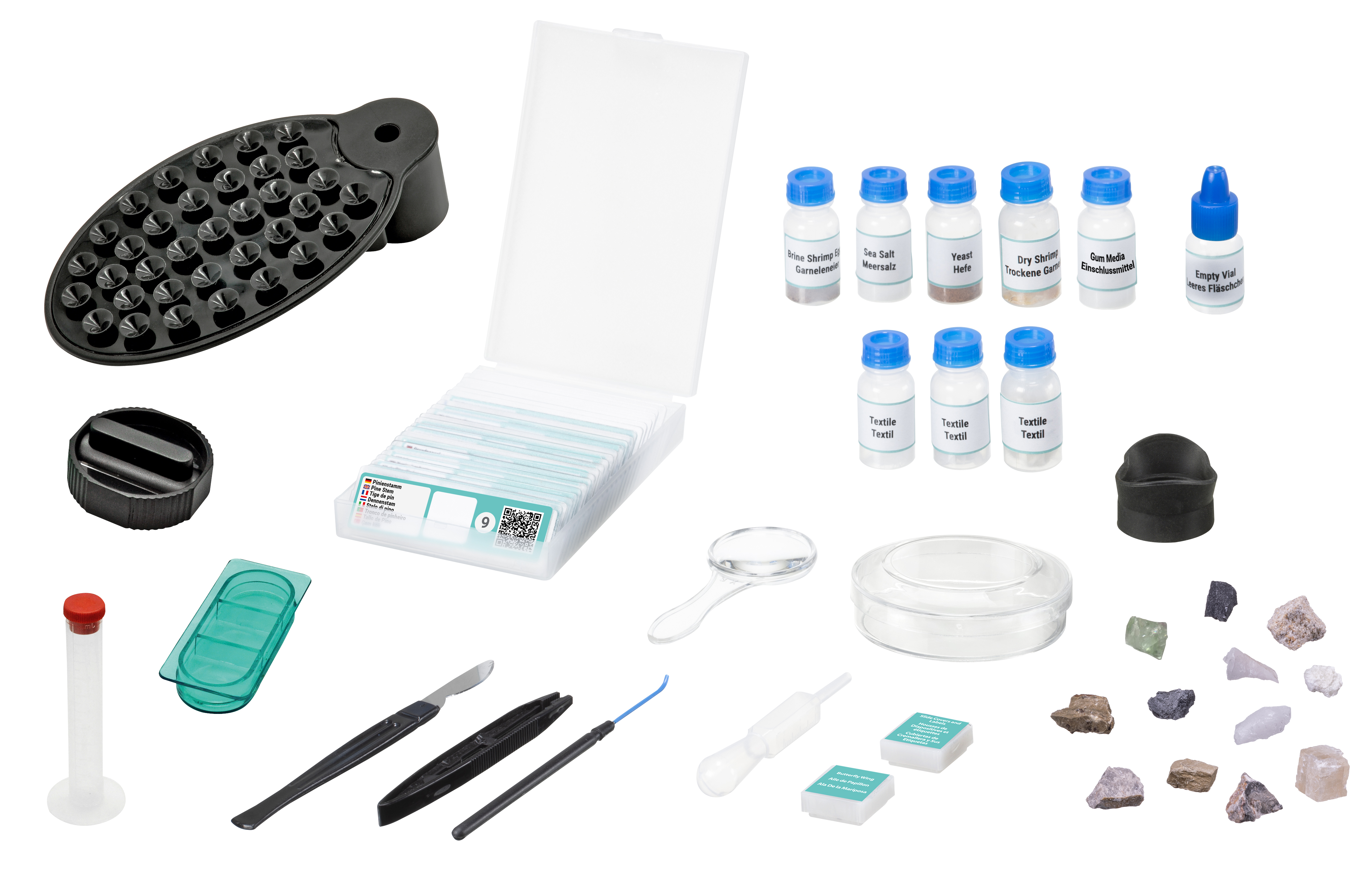 Una colección de herramientas y materiales de laboratorio científico, incluyendo viales, vasos y portaobjetos.