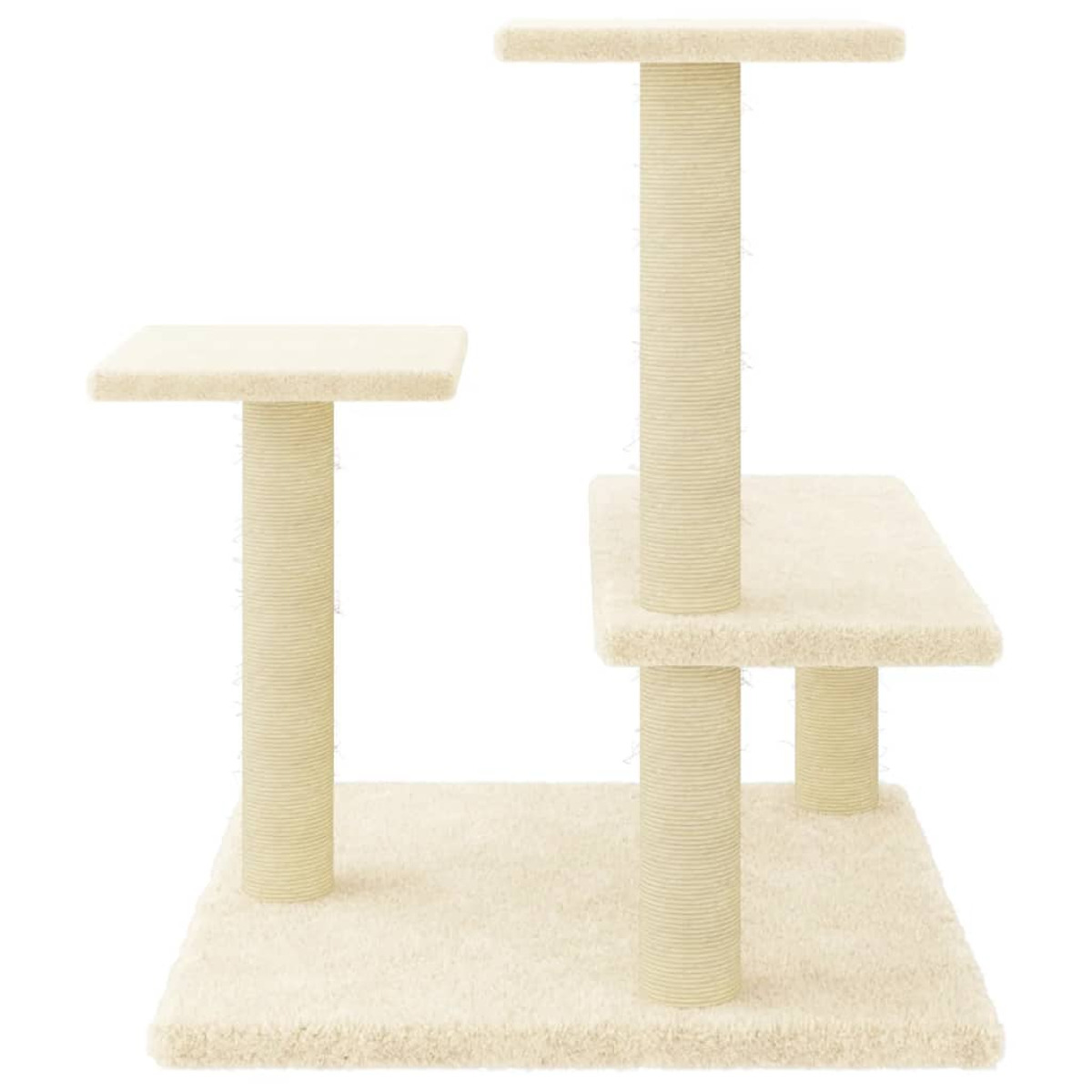 Ein Katzenbaum mit mehreren Ebenen und Kratzbäumen. Der Baum ist beige und hat eine Teppichoberfläche.