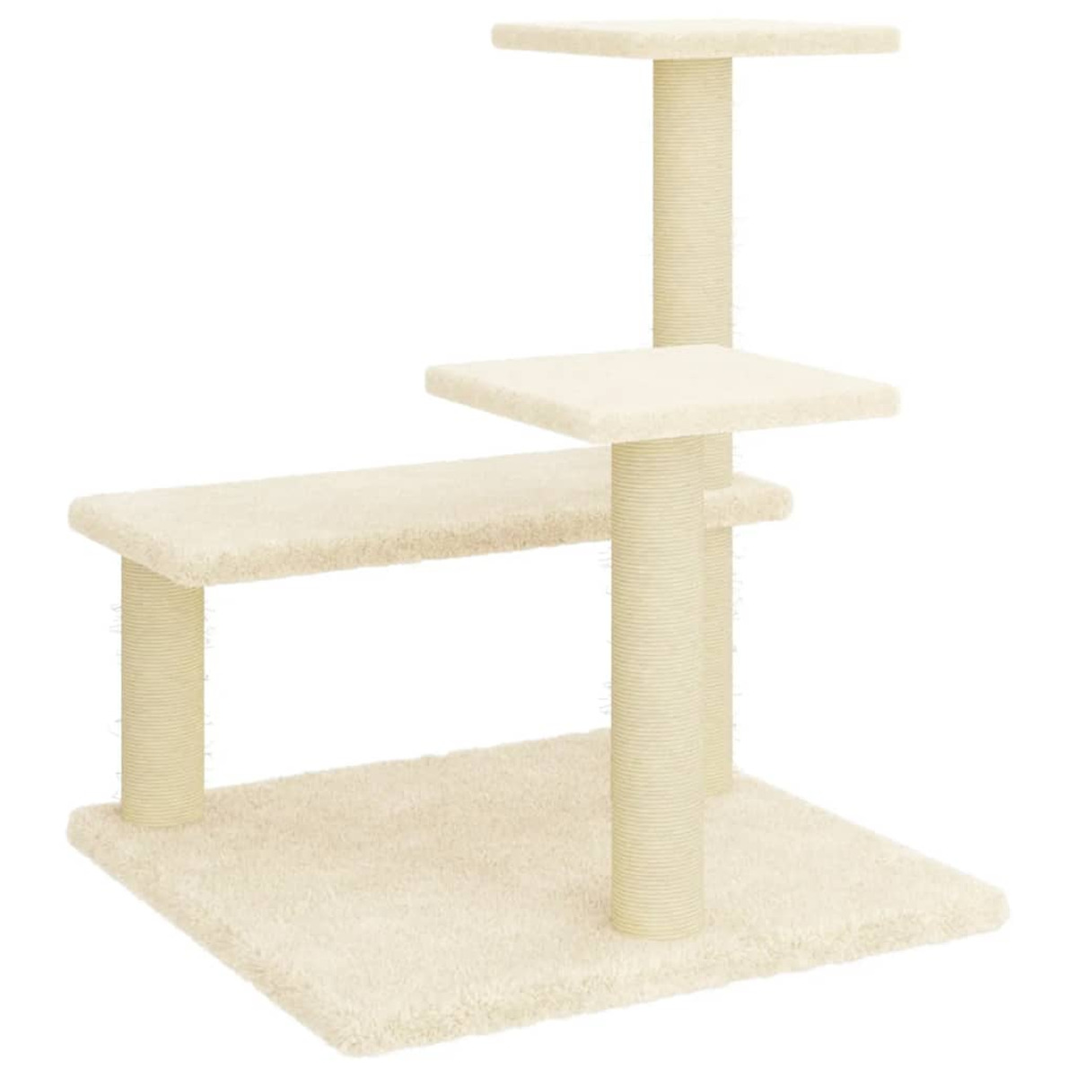 Ein beiger Katzenbaum mit mehreren Ebenen. Er hat eine Basis, eine Bank und eine obere Plattform.